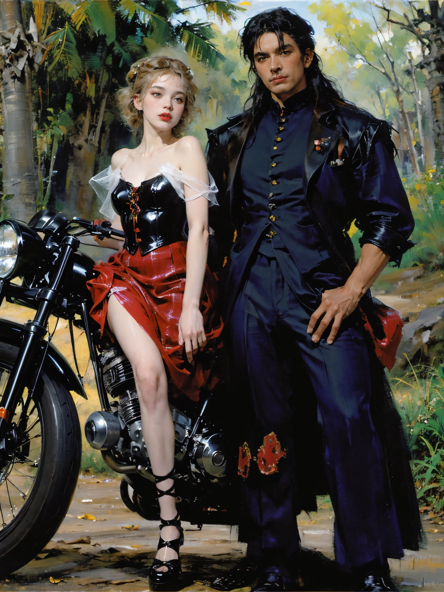 Confident cyberpunk werewolf(Huge black humanoid wolf), ((Stand in front of the motorcycle)), ((Ride on a Harley motorcycle)),Little Red Riding Hood is sitting in the back seat,absurderes,(Girls wear:redhood, capes, Big breasts corset, a skirt, red long skirt,laced dress,Carrying a basket of fruit),(werewolf wear:Popular costumes in Harajuku style,)Popular costumes in Harajuku style,Background with:Jungle paths,freeway,There are dense woods beside the road,,((Sexual suggestiveness)),Correct anatomy,Detailed face, Detailed eyes,(post impressionist),(Fechin Oil Painting - Fechin Oil Painting , oil painted), 04