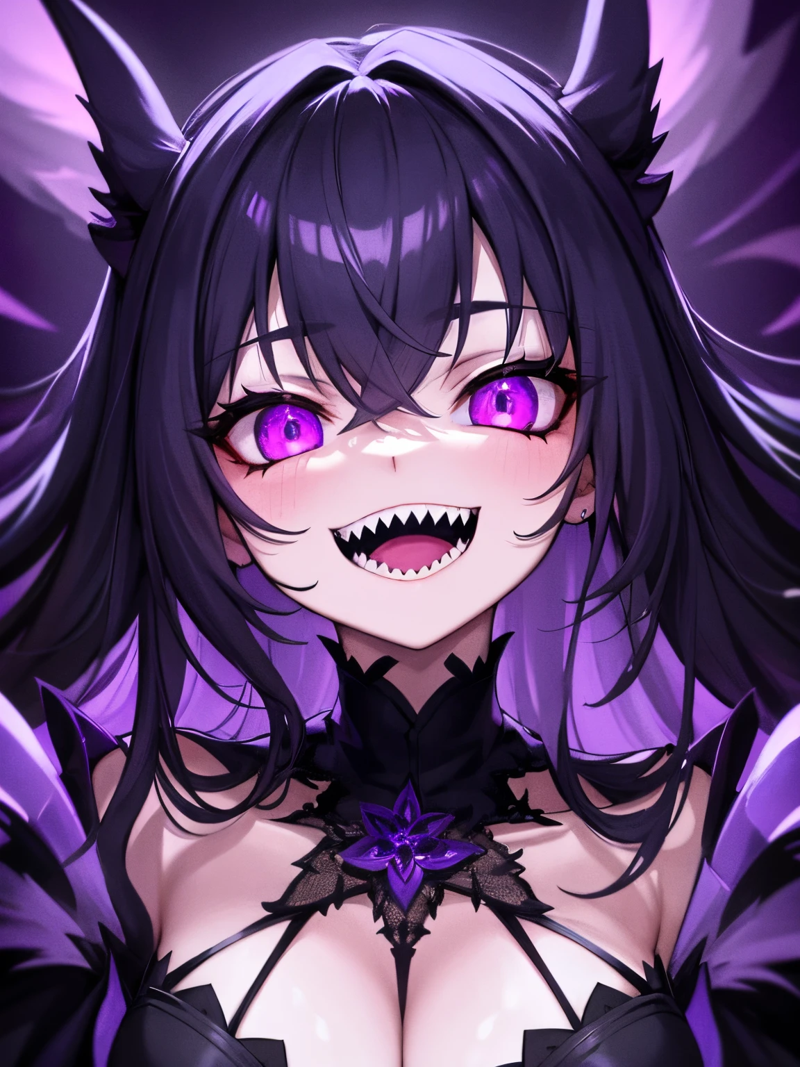 1girl , night hunter, glowing violet eyes, night, sharp teeth, open mouth, mischivous smile, scary, close up hard lighting, best quality, intricate, highly detailed, masterpiece,