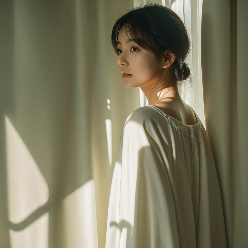 White curtains、Pay attention to the swaying eucalyptus、Soft light、Rim Lights、beautiful shadow、lowkey、(Photorealsitic、Raw foto:1.2)、(Natural texture、realistic detailed)、Hyper-Realism、超A high resolution、4K、top-quality、white walls、Perfect Angle、Female back view,full bodyesbian,show hind legs,no-makeup,japanes、