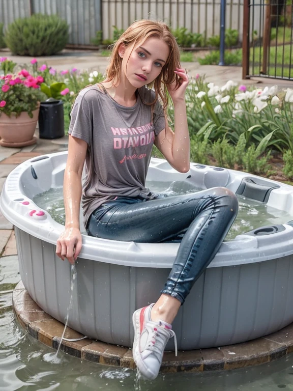 woman next door, strawberry blonde hair, freckles, (plain gray t-shirt)), faded jeans, black sneakers, bathing in outdoor hot tub, (sitting in tub), soaking wet, wet hair, show sneakers