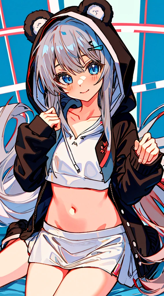 White hair, blue eyes, black hoodie, hoodie, hood, bikini bottom, micro bikini, smile, cute smile, lusty smile, shy, blush, blushing, dark skin, thighs, thick thighs, big ass, red hearts, heart pupils, demon horns, looking at viewer, front view, anime, lineart, manga like, black and white, pulling panties, pulling on panties, pulling panties up, 
