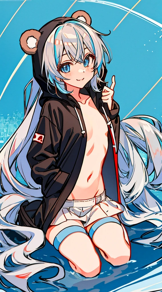 Hori Kyouko, naked hoodie, 1girl, virtual Youtuber, alone, Tail, Gawr's Mouth, a navel, blue eyes, Multicolored hair, Bear Tail, Looking at viewers, a smile, red blush, bangs, blue hairs, sitting on, flat chest, fluted hair, hair ornaments, gray hair, long sleeves, brown hoodie, hood up, gray bottom, collarbone, girl bear、stomach、hair length、Cute bear hood, erotic cute