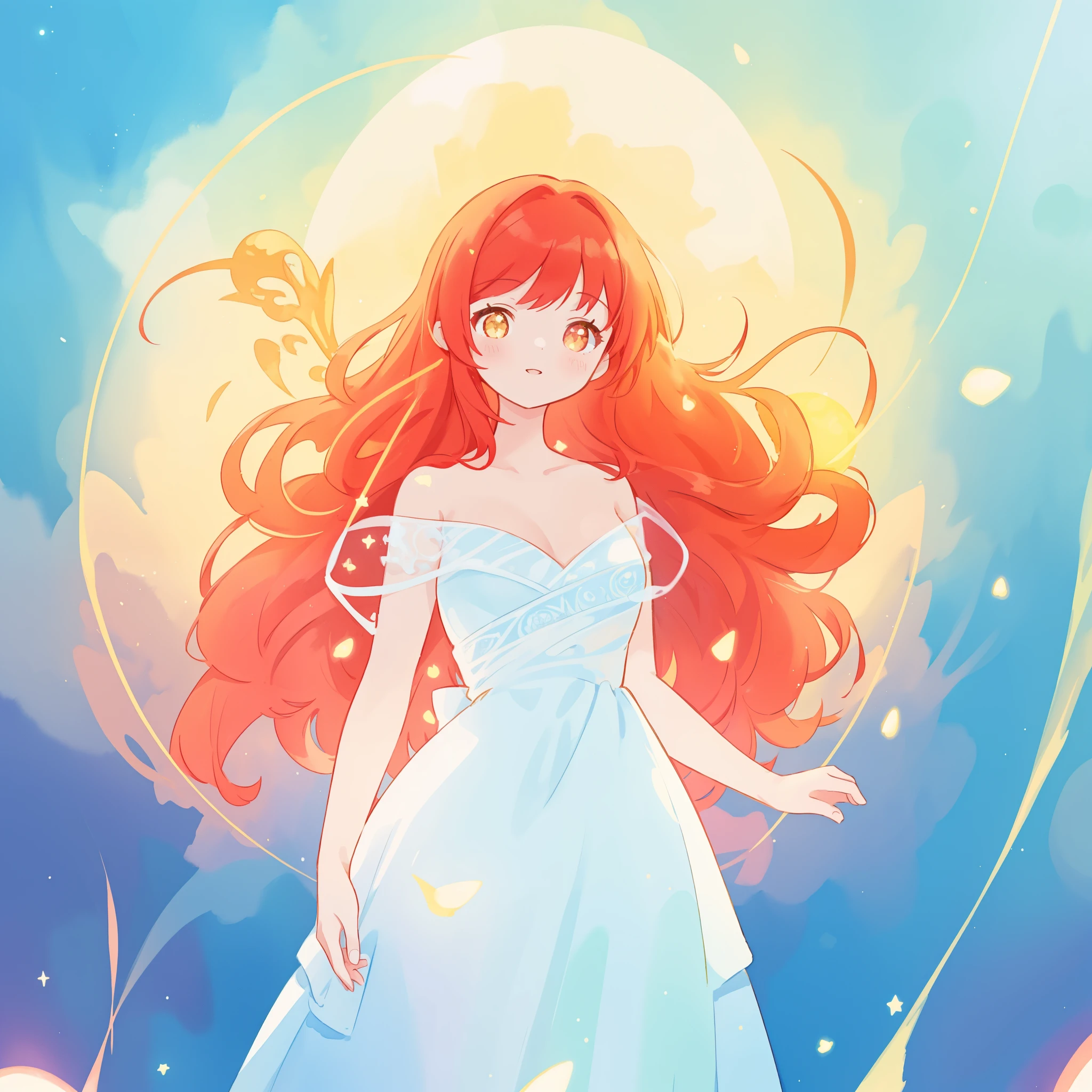 beautiful girl in puffy sparkling layered ballgown, long sparkling red hair, colorful fantasia background, watercolor illustration, glowing aura around her, glowing flowing hair, fantasia otherworldly landscape, beautiful, masterpiece, best quality, sharp focus, intricate details, highly detailed, 8k resolution, high resolution, fine detail, golden ratio, perfect composition, perfection, intricate dress details