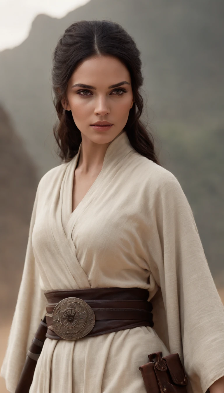 Character concept art illustration of a female human Jedi knight., Star Wars, slender body, Wild black hair blows in the wind., Jedi robes and robes, black belt, holding a macbook, high-detail, Create a shot, Star Wars concept art,