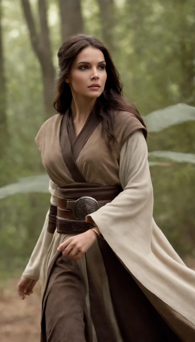 Character concept art illustration of a female human Jedi knight., Star Wars, slender body, Wild black hair blows in the wind., Jedi robes and robes, black belt, holding a macbook, high-detail, Create a shot, Star Wars concept art,