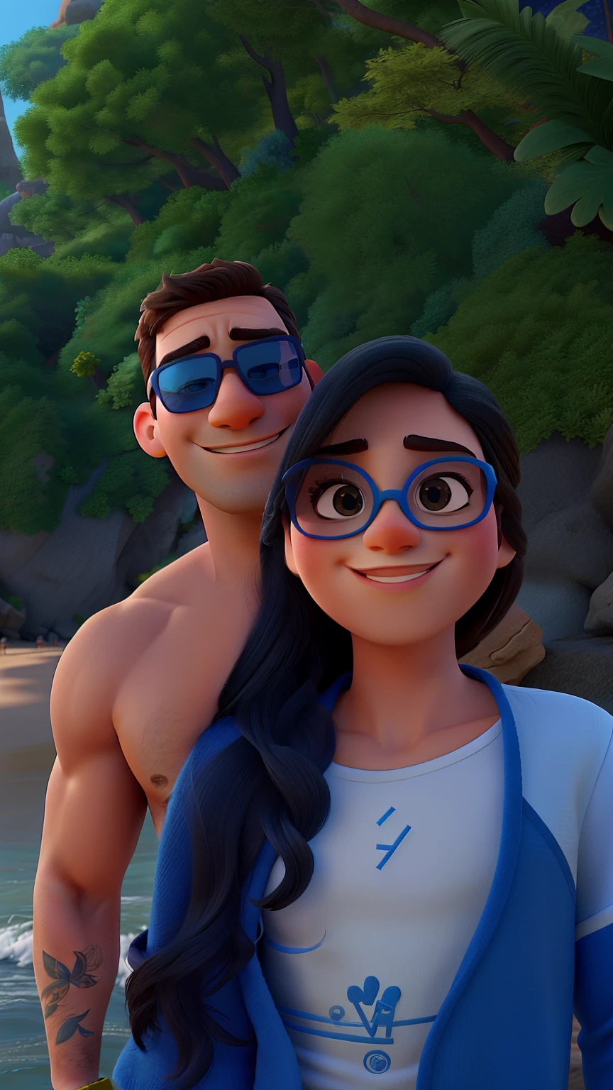 Um casal feliz na praia. Man is wearing sunglasses and no t-shirt because he is athletic, the woman is in a blue bikini. Disney pixar