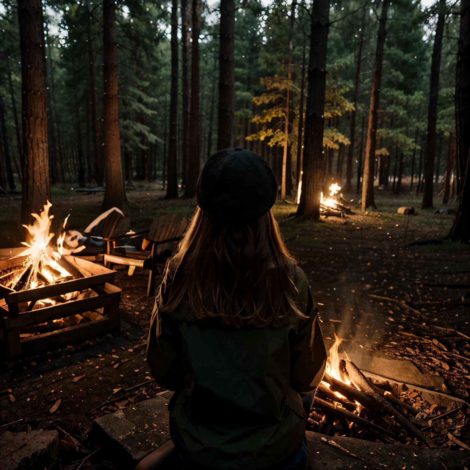 Dark in the forest with a girl around a campfire being illuminated by blonde girl hiding from the 1st girl from behind a tree