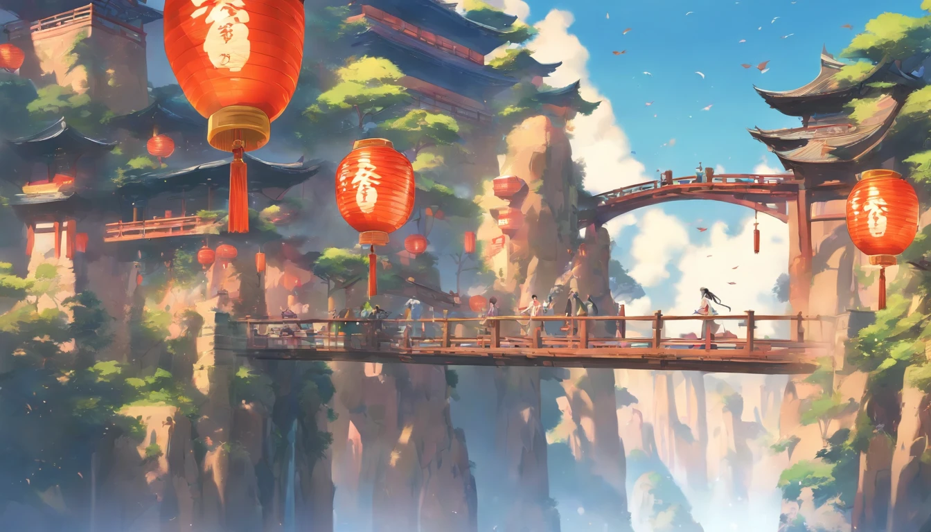 architecture, East Asian Architecture, landscapes, lanthanum, pylons, plein air, 天空, paper lanterns, 云, a bird, 建筑, The tree, is standing, mont, bridge, hold ing, Multiple people々, tag, masterpiece, top-quality,