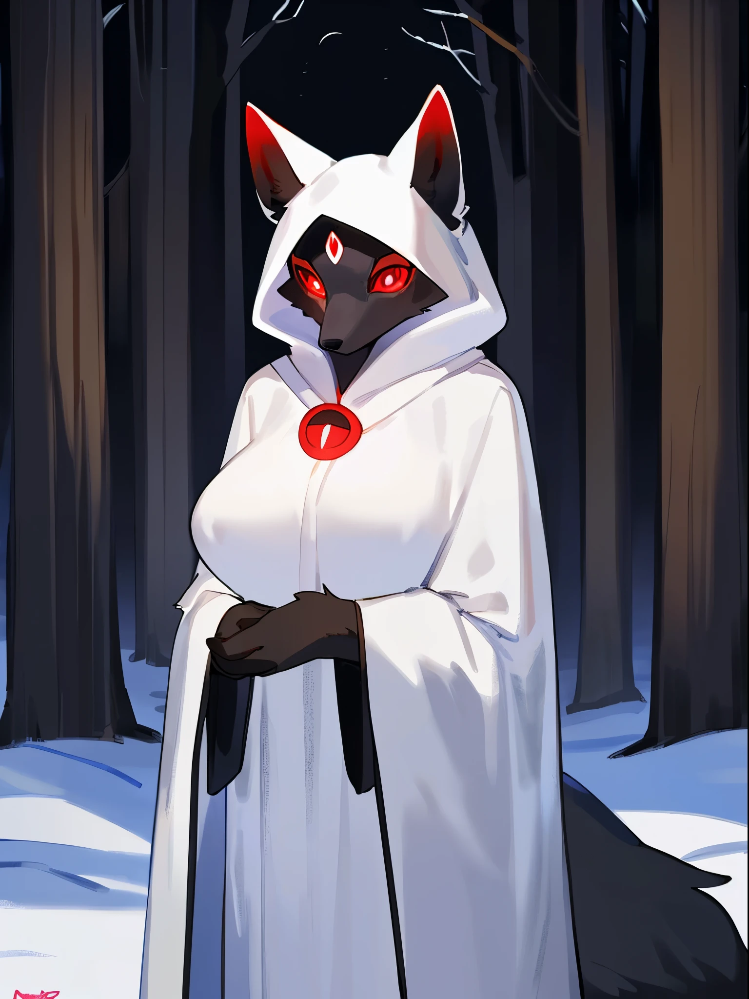 Solo, female, standing, simple background, arctic fox, white fur, white body, ((black face fur, red eyes, four eyes)), breasts, by bebebebebe, dark forest, snowy forest, overcast, cultist, black fox mask, white cloak, white robes, breasts