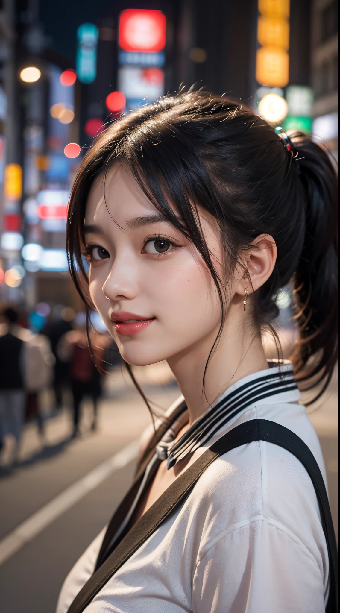 1girl in、Streets of Tokyo、natta、A city scape、city light、The upper part of the body、a closeup、8K、Raw photography、top-quality、masterpiece、realisitic、Photorealsitic、poneyTail,sexy lip,disheveled hair,Lovely smile,