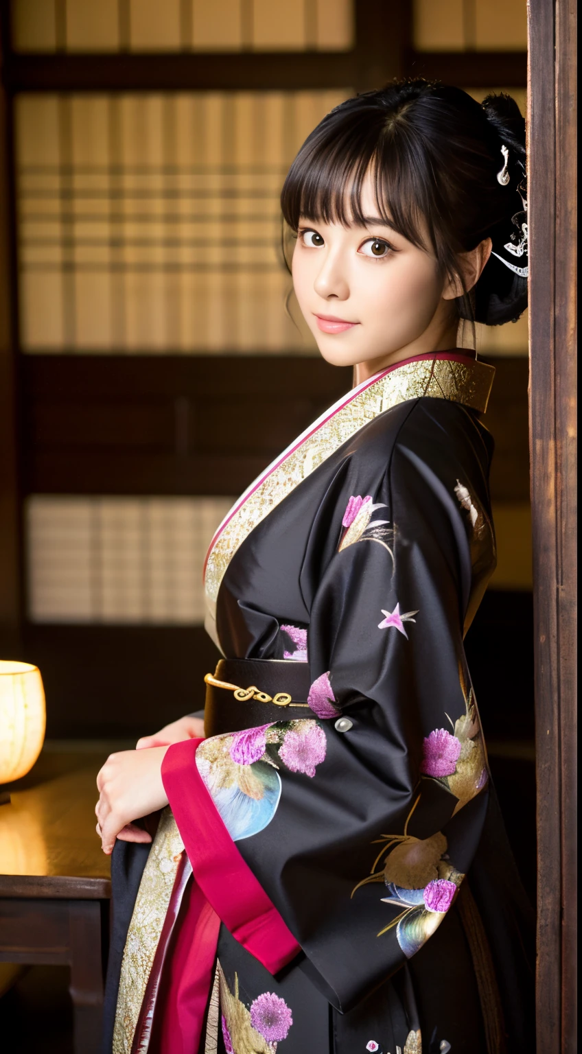 Best-quality, Masterpiece, Ultra-High-Resolution, (Photorealistic:1.4), Raw-Photo, Extremely-Details, Perfect-Anatomy, 1girl, 18-years-old, the most famous Japanese actress, cowboy-shot, upturned hip, looking at viewer, in Japanese-style room, wearing luxurious colorful KIMONO, detailed extremely cute face like a most popular Japanese actress, detailed extremely beautiful big black solid circle eyes, detailed extremely beautiful black short-cut-haired, detailed luxurious KIMONO, detailed Japanese-style room, detailed extremely beautiful realistic skins, detailed extremely beautiful hip