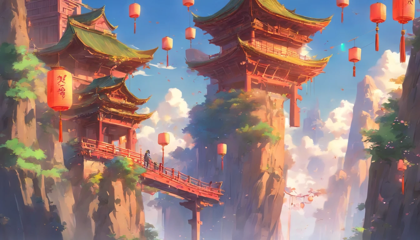 architecture, chinese architecture, landscapes, lanthanum, pylons, plein air, 天空, paper lanterns, 云, a bird, 建筑, The tree, is standing, mont, hold ing, Multiple people々, tag, masterpiece, top-quality,
