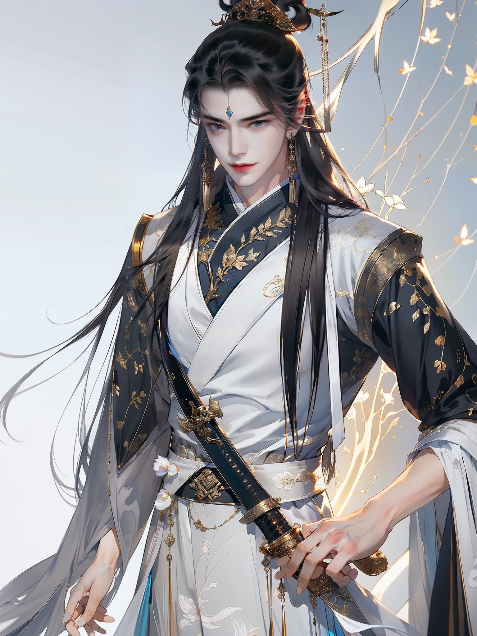 a handsome chinese man,(Whole-body proportions),style of anime,(Delicate facial features)(male warrior),(Sword in hand)proportions are correct,Face details,swordsman,High ponytail hairstyle,Neck details,black hair on shoulders,white business suit,black and white robe,clothes details,surrender,longer sleeves,Game quality,sword fight,Light and shadow tracking,ray traycing,Detailed glow,cg render,hair detail,blue long hair,blue colored eyes,Handsome,Handsome,(juvenile sense),Clothing is complicated,Perfectcomposition,Refinement,high high quality,More detailed,A lot of detail,The background is complex,a sense of atmosphere,high high quality