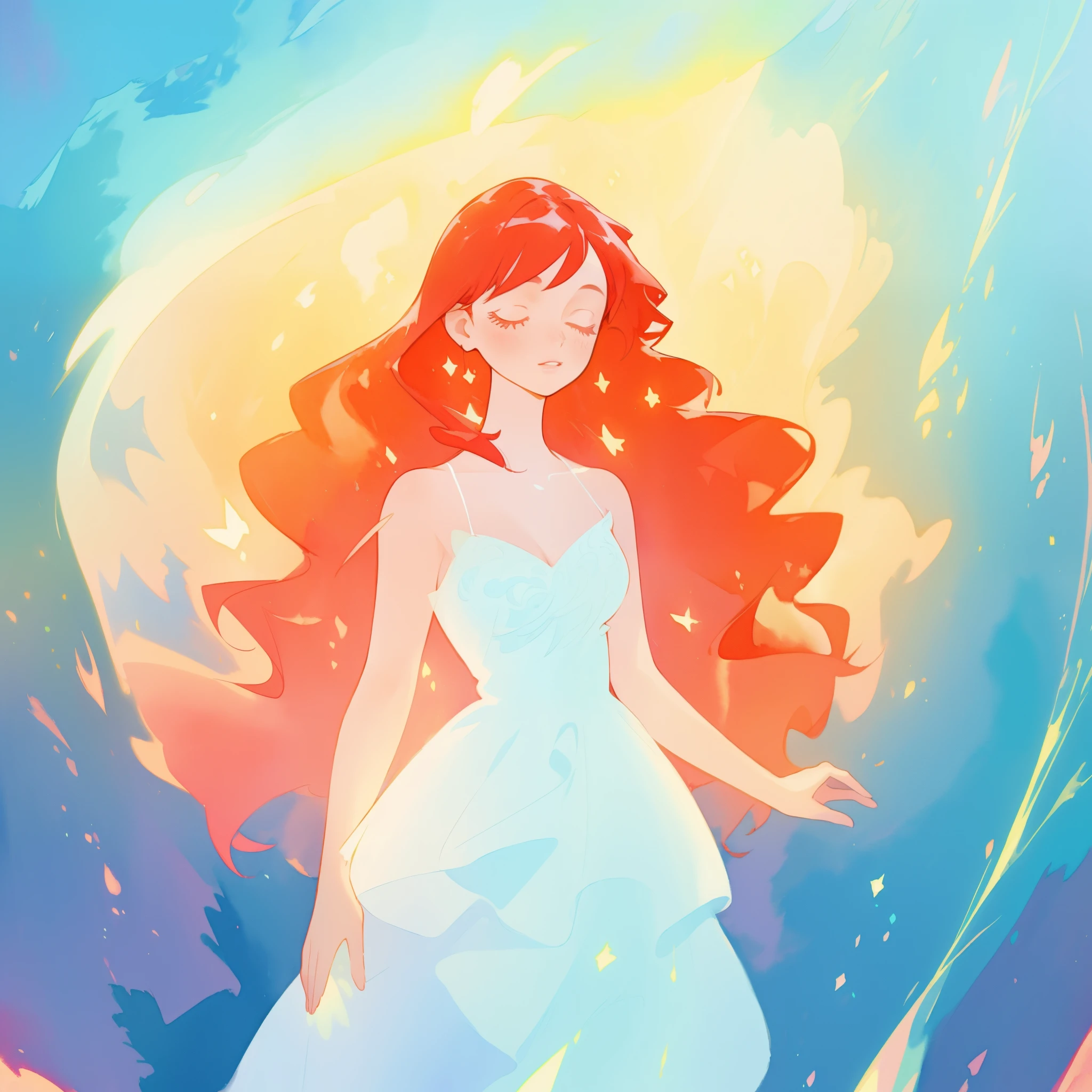beautiful girl in puffy sparkling layered ballgown, long sparkling red hair, colorful fantasia background, watercolor illustration, glowing aura around her, glowing flowing hair, fantasia otherworldly landscape, beautiful, masterpiece, best quality, sharp focus, intricate details, highly detailed, 8k resolution, high resolution, fine detail, golden ratio, perfect composition, perfection, intricate dress details