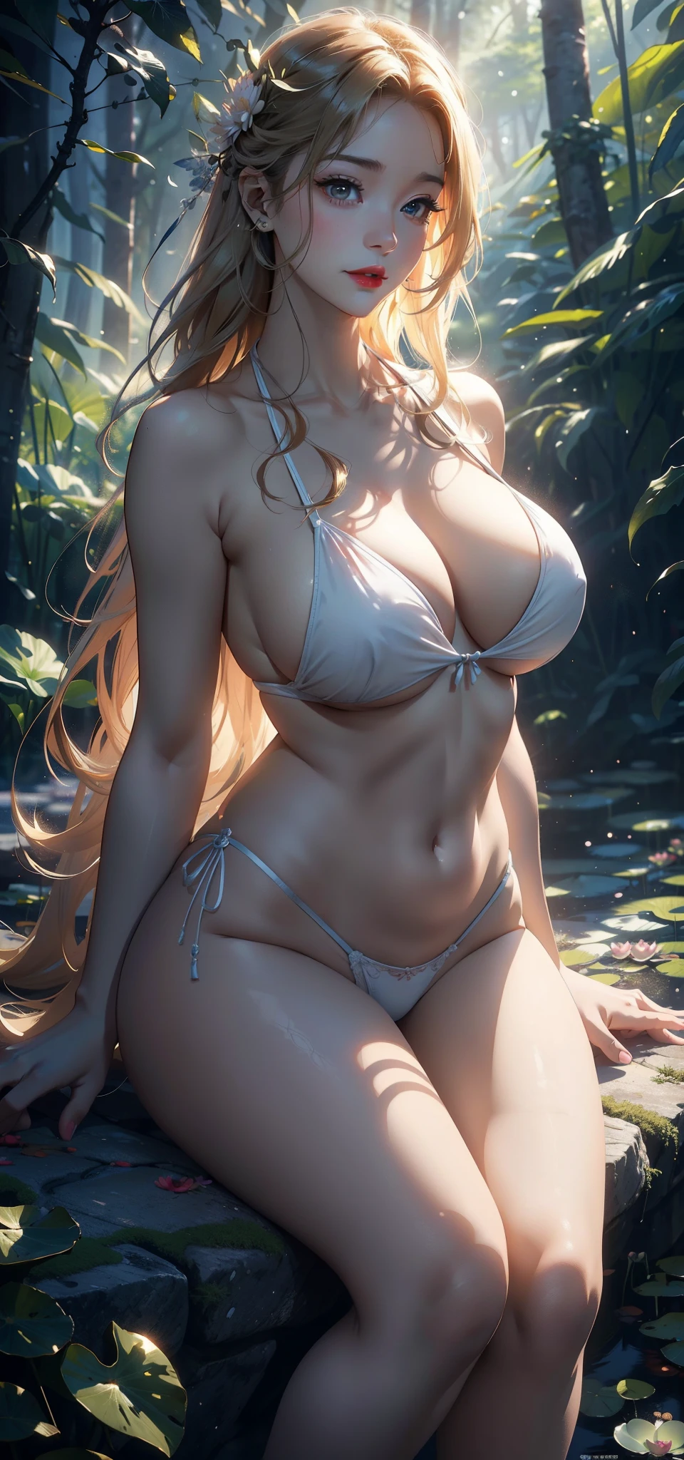 1female,45 yers old,Married woman,熟妇,mature,a little bit chubby,very Bigger breasts,big chest and thin waist,long leges, 独奏,(Background with:at a forest,lotus flower,ponds) She has long blonde hair,bobo head,,seen from the front, Stand deep in the forest, The sky is mostly cloudy,(((tmasterpiece),(Very detailed CG unified 8k wallpaper),Best quality,电影灯光,detailed back ground,beautidful eyes,Bright pupils,黑The eye,Snow-whiteskin,Redlip(very delicate beautiful),(Beautiful and detailed eyes description),ultra - detailed,tmasterpiece,))facing at the camera,A high resolution,ultra - detailed),Expose breasts exposed,Bare genitals,Protruding underparts,Camel toes,(dressed in:the breasts are large,drooping chest,nakeness,Cowboy bikini)