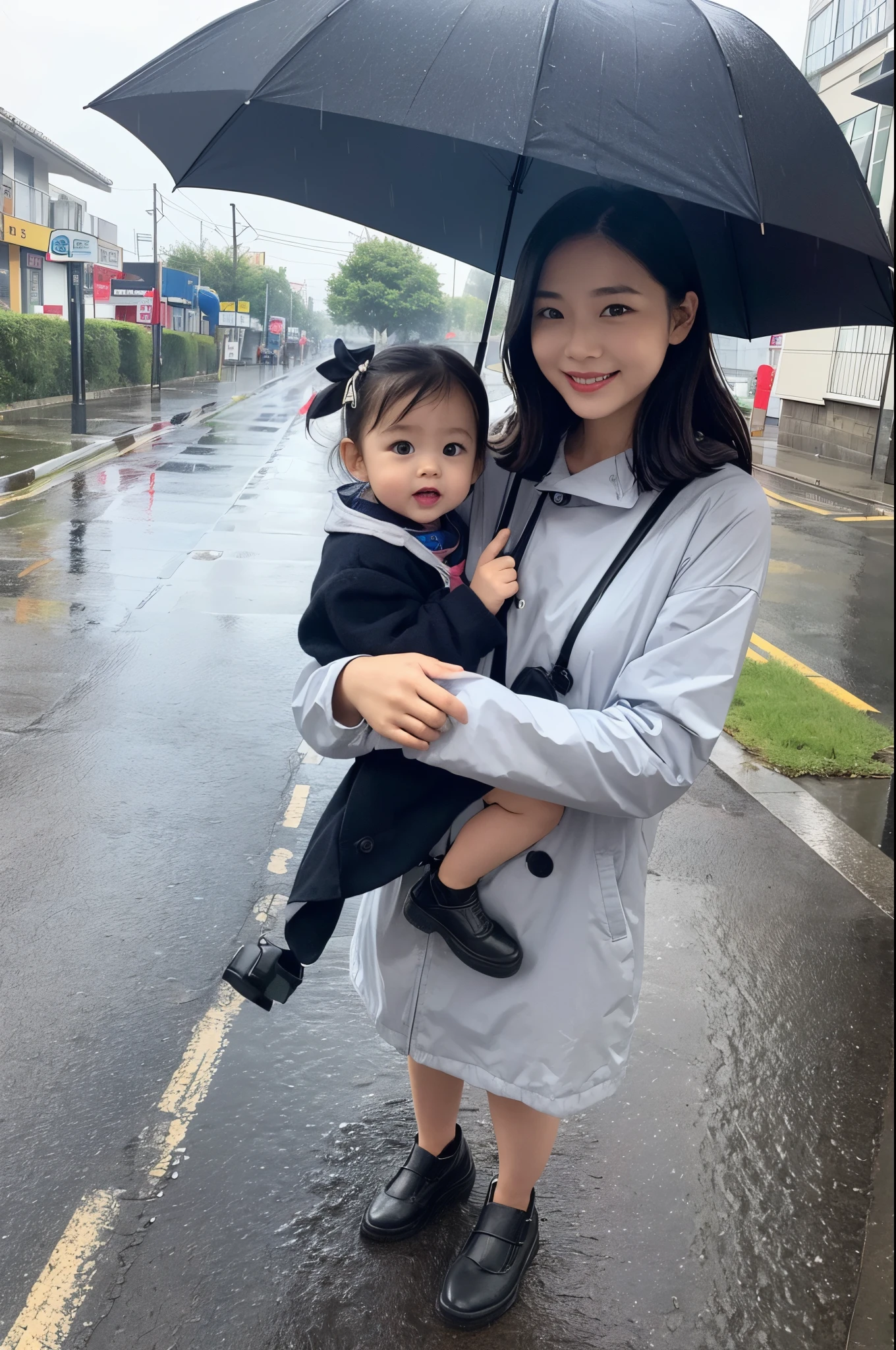 Photo of parent and holding umbrella on rainy day、Umbrellas are great、bustup、Eye Up、The road surface is wet、She enjoys the rain