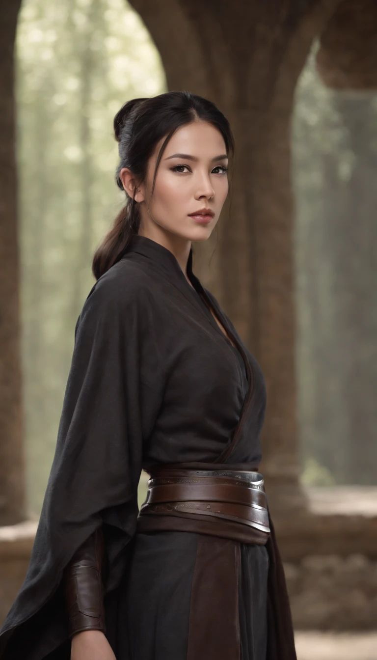 Concept art of a female human Jedi knight.,(asian)., Star Wars, slender body, Black hair blowing in the wind., Jedi robes and robes, black belt,(macbook), high-detail, Create a shock, Star Wars concept art,