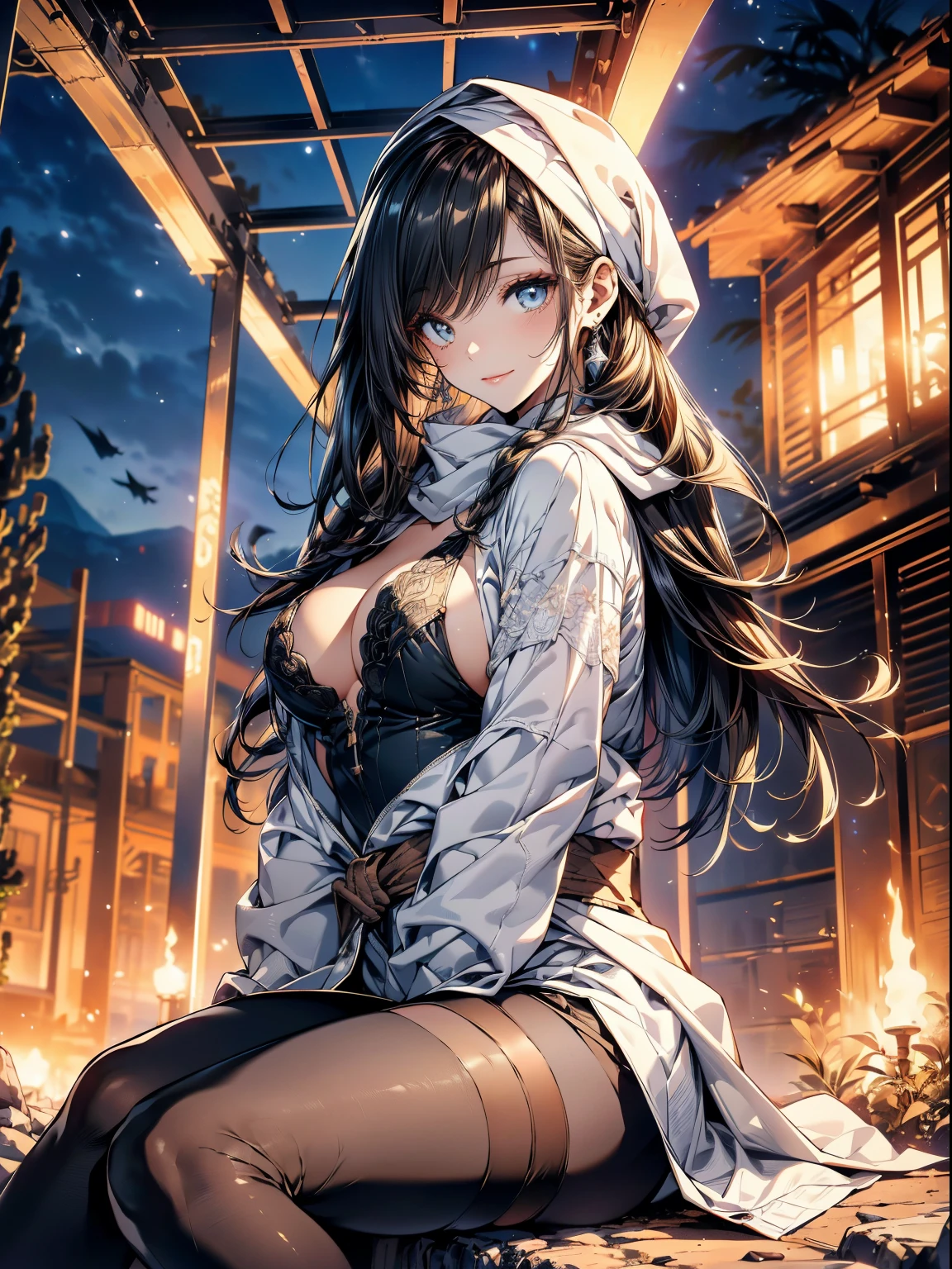 (Advertising poster images, facial portrait, Make-up scine, applying lipsticks:1.2, Rouge), a matured woman with long black hair and a white outfit, (at a rock place in a desert:1.3), (resting under starly sky:1.2, sitting Indian-styles:1.1, with spreading legs:1.5, opening legs:1.2, with cross-legged:1.3, with lifting arms, in front of Arabic ruins:1.2), Arabic, (Post apocalyptic:0.2), from arknights, artwork in the style of guweiz, bodyesbian, fine details. girls frontline, beautiful anime illustration, from girls frontline, by Yang J, stunning, 26 years old, (milf:1.3), (solo:1.5), (sfw:1.25), sagging breast, fuge breasts, big tits, thin waist, big ass:1.2, Raised sexy, (dark mahogany medium short hair, updo, hair over one eye, asymmetric hair, Carly hair, low tied braids),(musulman, white Headscarfs, hair bands, head vandage, Turban), (ultra high resolution, 8K RAW photo, photo realistics, thin outline:1.3, clear focus), best qualtiy, natural lighting, textile shading, blurry back ground, field depth, bokeh, (Bright pupils, fine detailed beautiful eyes with highlight:1.3, high detailed face), Red lip, fine realistic skins:1.1, looking down viewers:1.3, (dynamic angle:1.2, front view:1.2, breast focus:1.3, from below:1.2), dynamic posing, (sexy posing:1.2, leaning forward), (seductive smiling:1.3), centered image, (wearing white long jacket and clothes, wearing white robes:1.3, ((bare breast:1.37)), platinum ornaments, rolling white clothes around waist, camel-brown long leather boots:1.3, translucent lace pantyhose), ((correct anatomy:1.5)), ((outdoor:1.2, in a night:1.3)),