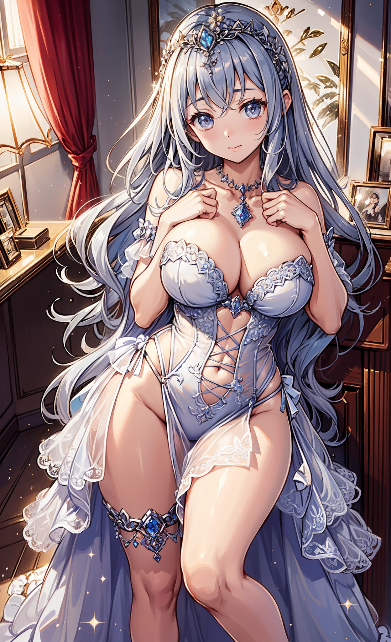 top-quality、Top image quality、tmasterpiece、girl ((sixteen year old girl、medium chest circumference、obsessed、Girl's face、tempting pose、Long silver slightly curly hair、Curved body、Silver sexy lingerie、Transparent white multi-layered princess dress))high high quality、beautiful art、Background with((Luxury hotel bedroom、natta、Dark)))、visual art、depth of fields、Diamonds adorn clothes,Sparkling,Full body lesbian
