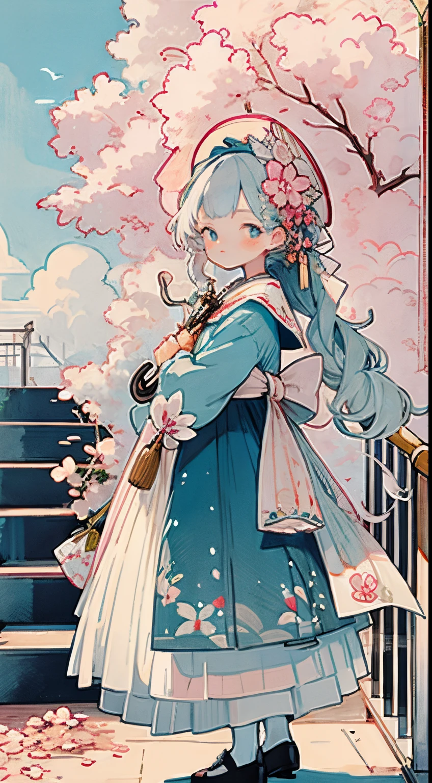 1girl, bird, umbrella, long hair, outdoors, dress, solo, blue eyes, holding, white dress, pink flower, flower, black footwear, white hair, day, holding umbrella, petals, bag, stairs, long sleeves, looking at viewer, socks, white socks, shoes, sky, bangs, looking back, cherry blossoms, sailor collar, hair flower, blue sky, standing, hair ornament, bow, tree