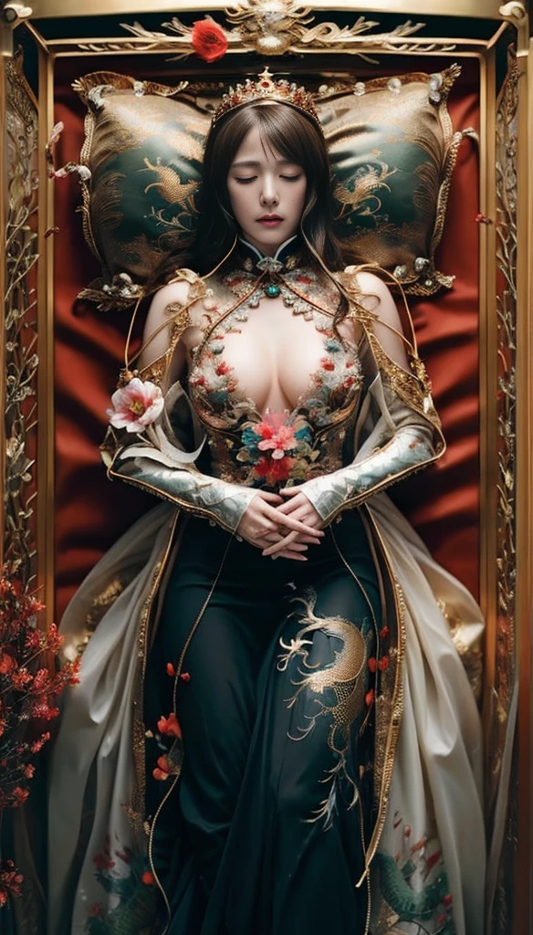 (Fight fiercely with dragons)、top-quality、masterpiece、超A high resolution、(White Dragon Armor)、(((Colossal tits))),dragon armor、(Wearing a beautiful crown made of jewels),(Photorealsitic:1.4)、Raw photo、女の子1人、Golden hair、glowy skin、(((Chinese Dragon)))、(Gorgeous Jewelry Necklaces)、(Mystical expression)、(Fight big dragons)、With a beautiful knife、(White Metal Bikini)、(beautiful forest background)、Steep cliffs in the blue sky、(Small LED)、((super realistic details))、portlate、globalillumination、Shadow、octan render、(Huge ruins)、8K、ultrasharp、Colossal tits、Raw skin is exposed in cleavage、metals、Details of complex ornaments、Japan details、highly intricate detail、Realistic light、CGSoation Trends、Blue eyes、radiant eyes、Facing the camera、neon details、(Mechanical limbs)、(blood vessels connected to tubes)、Mechanical vertebrae attached to the back、mechanical cervical attaching to neck、(Wires and cables connecting to the head)、Gundam、Small LED、,Mechanical thighs、Toostock、(Full Body Angle)、(veils)、(((Heavy Big))), ((closed eyes)), ((mouth closed)), (((heads are on pillow))), (interlocked_fingers:1.2), (own_hands_together:1.2), high details, ((holding a flower bouquet)), ((straight body)), ((straight legs)), ((round breasts)), ((sexy cleavage)), ((white coffin)), ((coffin view)), ((pillow in the coffin)), ((bed in the coffin)) photographed by Canan EOS R6, 135mm, 1/1250s, f/2.8, ISO 400
