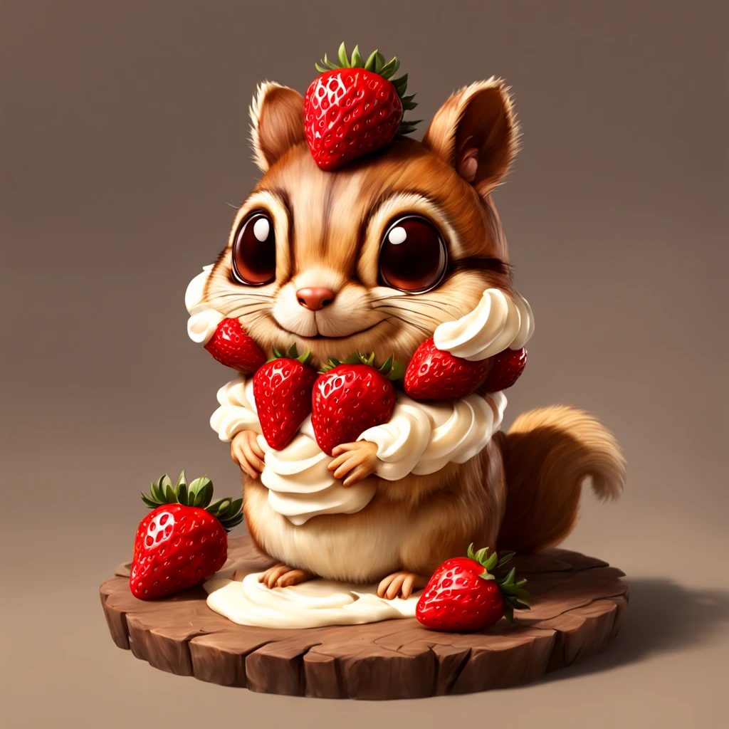 Chipmunk with brown sponge-like fur and covered in whipcream and strawberries, Masterpiece, Best Quality, in 3d cartoon art style, foodpets