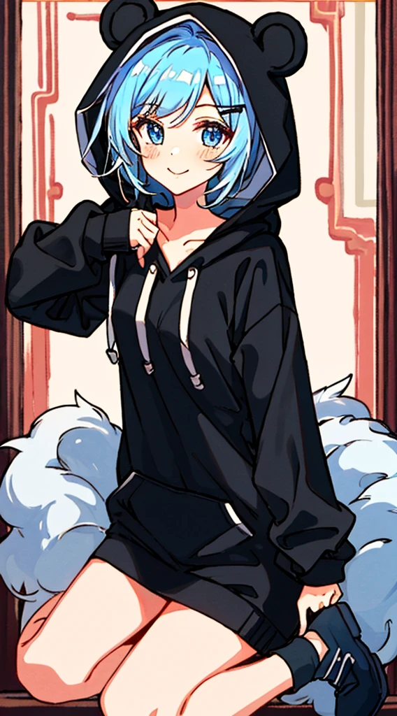 naked hoodie, 1girl, virtual Youtuber, alone, Tail, Gawr's Mouth, a navel, blue eyes, Multicolored hair, Bear Tail, Looking at viewers, a smile, red blush, bangs, blue hairs, sitting on, flat chest, fluted hair, hair ornaments, gray hair, long sleeves, brown hoodie, hood up, gray bottom, collarbone, girl bear、stomach、hair length、Cute bear hood、erotic cute