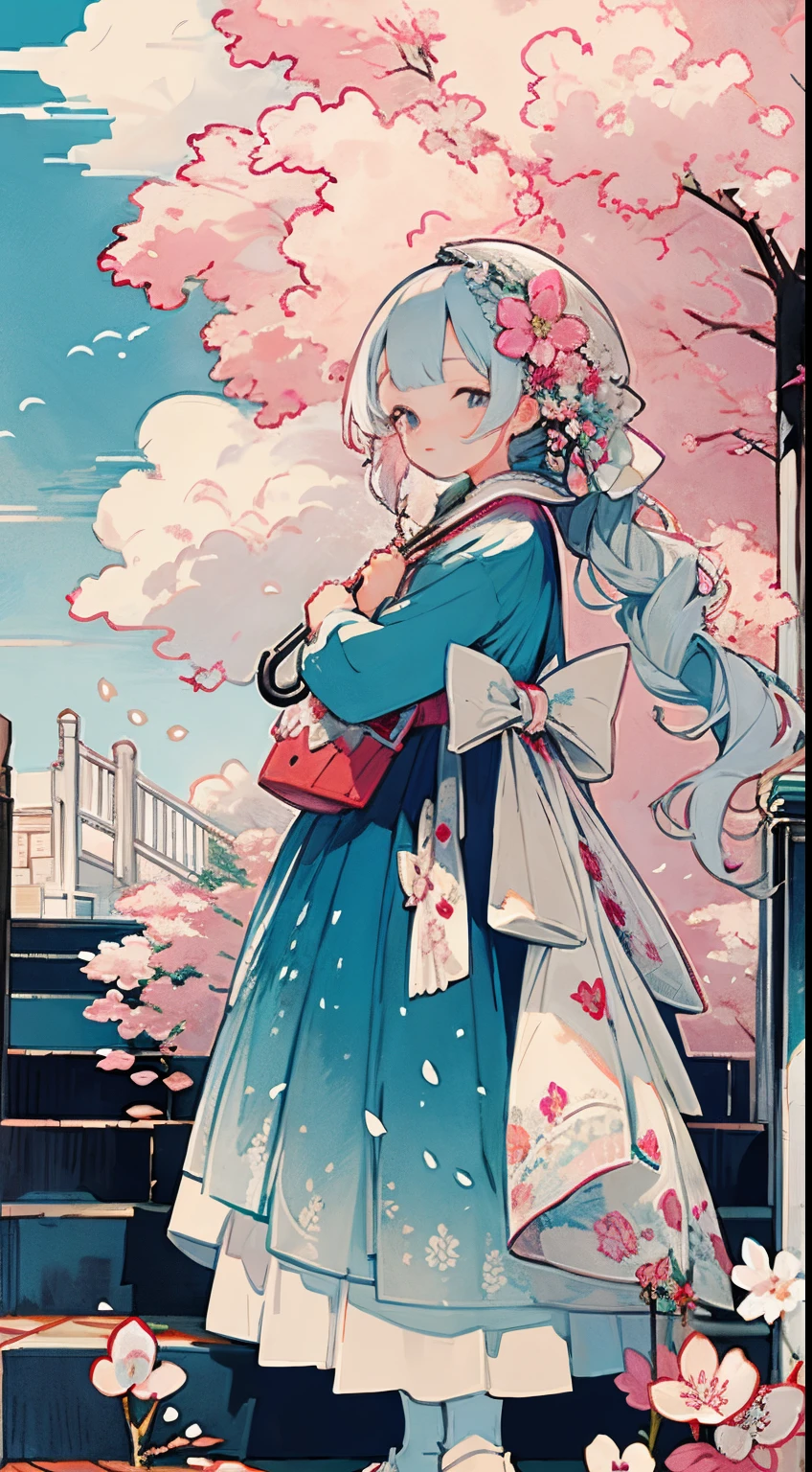 1girl, bird, umbrella, long hair, outdoors, dress, solo, blue eyes, holding, white dress, pink flower, flower, black footwear, white hair, day, holding umbrella, petals, bag, stairs, long sleeves, looking at viewer, socks, white socks, shoes, sky, bangs, looking back, cherry blossoms, sailor collar, hair flower, blue sky, standing, hair ornament, bow, tree