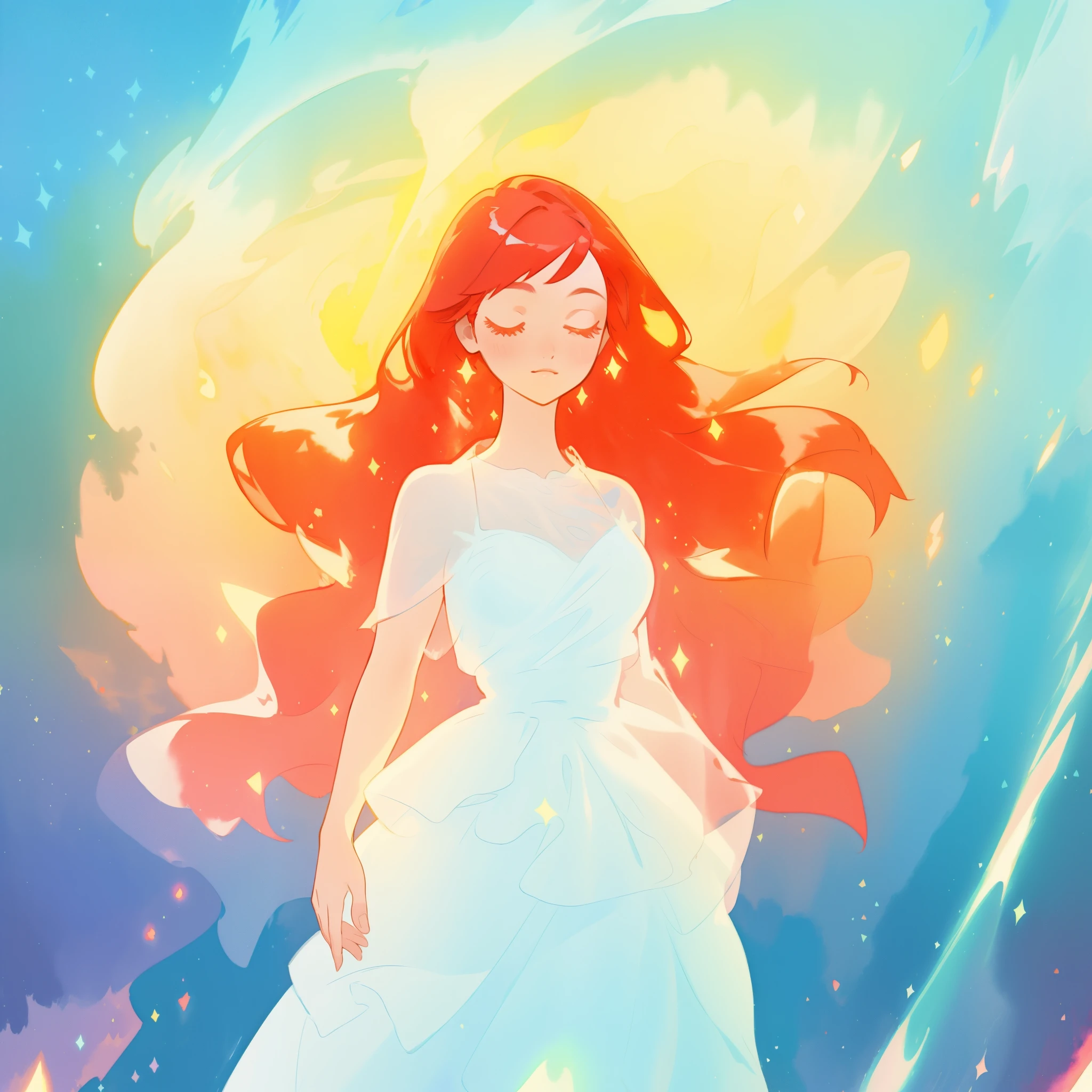 beautiful girl in puffy sparkling layered ballgown, long sparkling red hair, colorful fantasia background, watercolor illustration, glowing aura around her, glowing flowing hair, fantasia otherworldly landscape, beautiful, masterpiece, best quality, sharp focus, intricate details, highly detailed, 8k resolution, high resolution, fine detail, golden ratio, perfect composition, perfection, intricate dress details