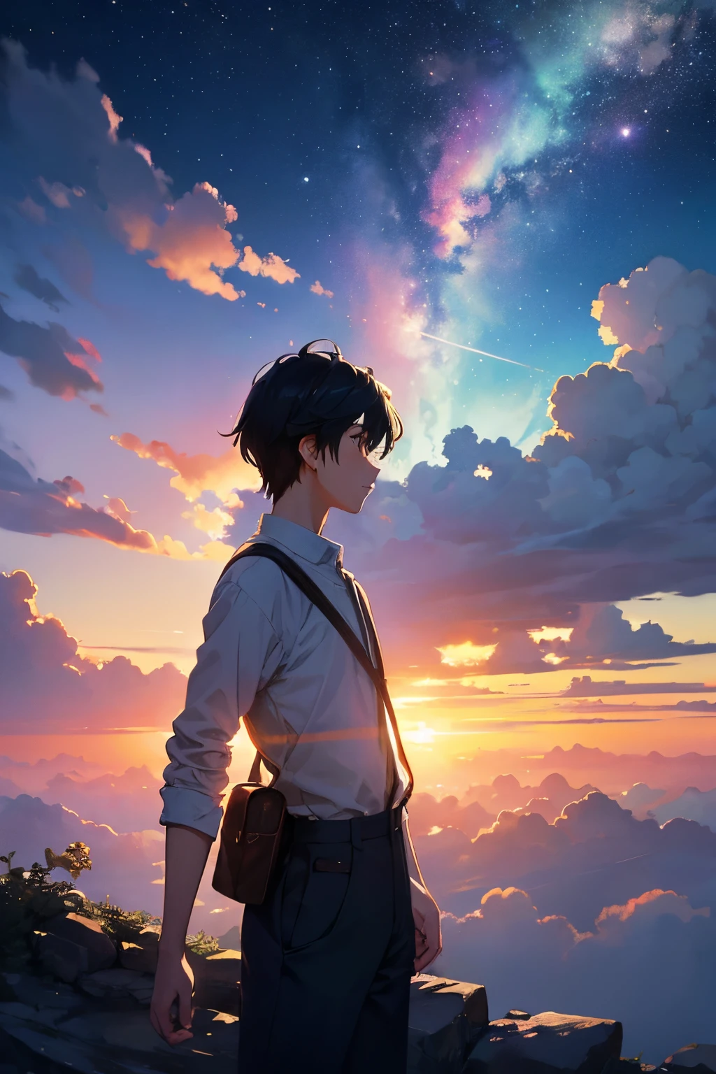Create exquisite illustrations reminiscent of Makoto Shinkai's style, It has ultra-fine details and top-notch quality. Create a mesmerizing illustration where the entire expanse of the sky transforms into the colors of the rainbow. Picture a scene where a boy or girl gazes up at this breathtaking display of a sky painted in all seven hues of the rainbow. The vibrant colors should envelop the entire sky, creating a surreal and enchanting atmosphere. Enhance the nostalgic feel by incorporating subtle details that evoke a sense of timeless beauty. The overall composition should transport viewers to a dreamlike world where the celestial canvas is a radiant spectrum of nostalgia and fantasy.