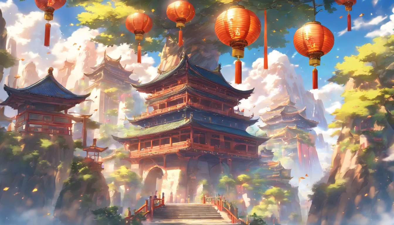 Chinese architecture、scenecy、Round lanterns、pylons、exteriors、Skysky、clouds、The bird、buliding、The tree、standing on your feet、mont、Handheld、crowd of、tmasterpiece、top Quority