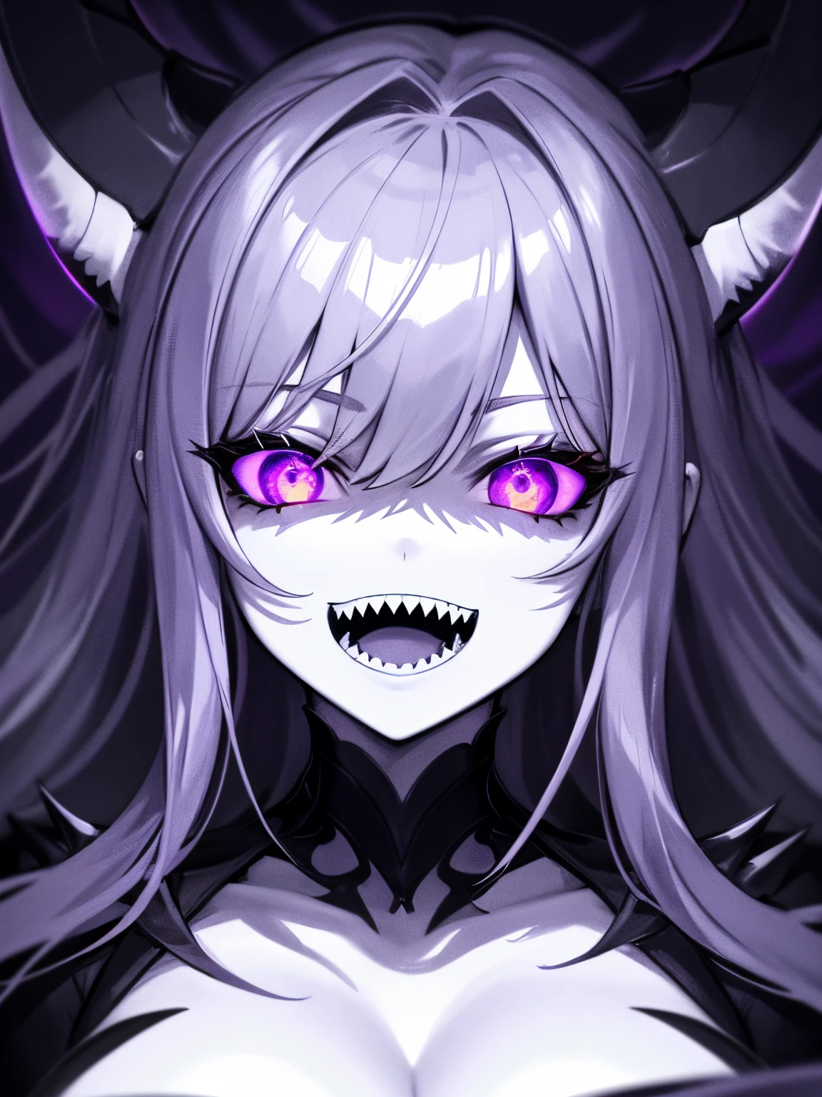 1girl , night hunter, glowing violet eyes, night, sharp teeth, open mouth, mischivous smile, scary, close up hard lighting, best quality, intricate, highly detailed, masterpiece,