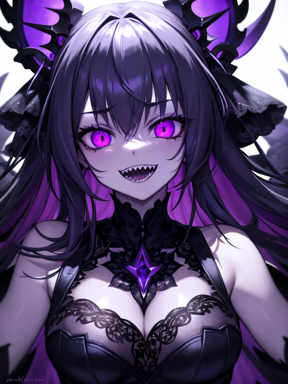 1girl , night hunter, glowing violet eyes, night, sharp teeth, open mouth, mischivous smile, scary, close up hard lighting, best quality, intricate, highly detailed, masterpiece,