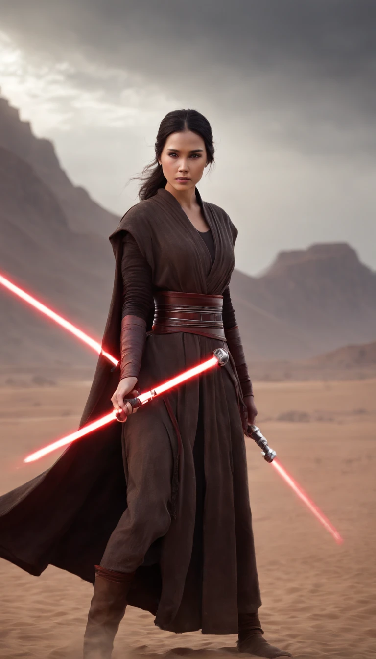 Concept art of a female human Jedi knight..,(asian)., Star Wars, slender body, Black hair blowing in the wind., Jedi robes and robes, red line, high-detail, create panic, Star Wars concept art,