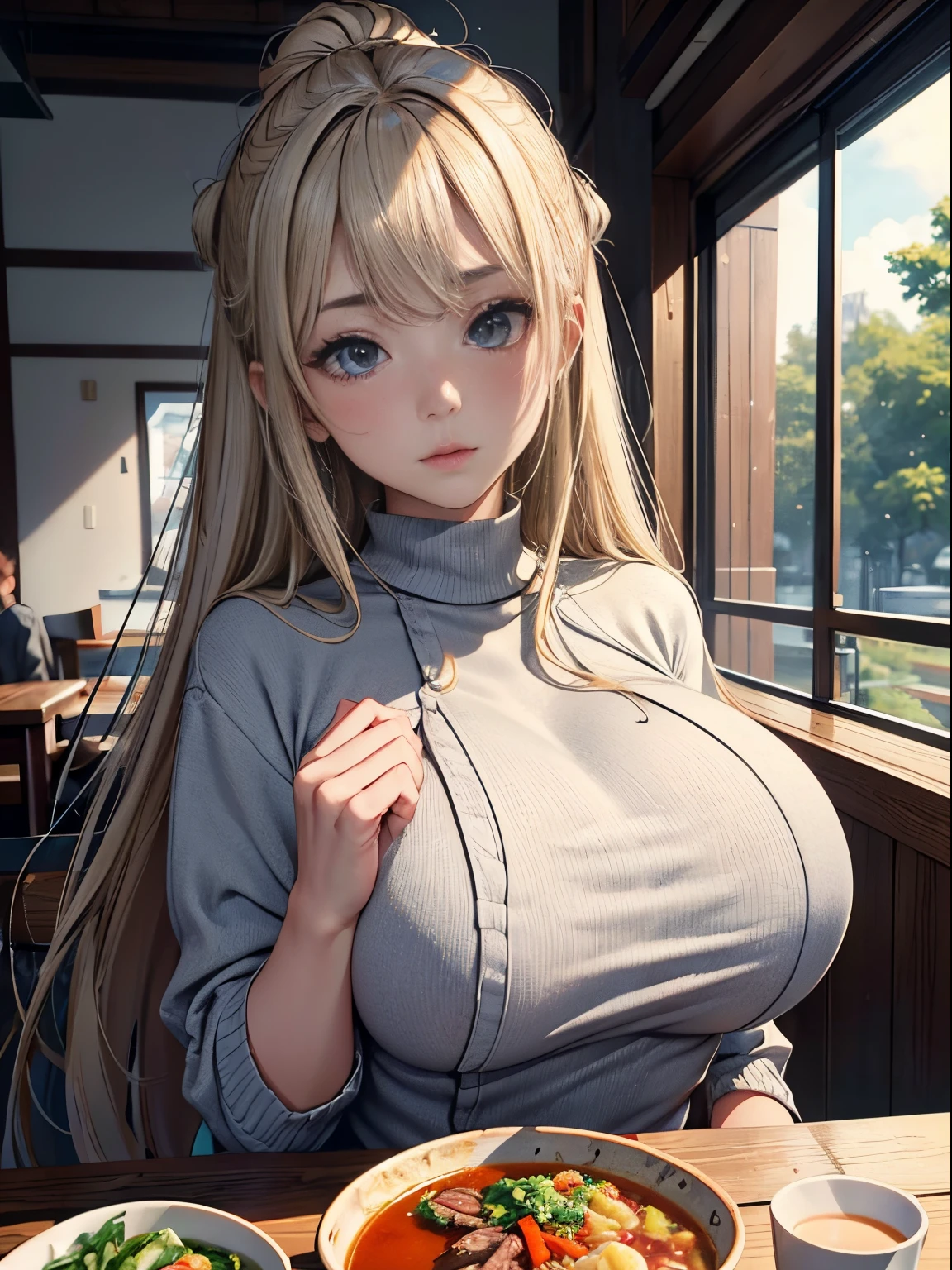 a 20 yo woman、(​masterpiece:1.4)、(in 8K、realisitic、Raw photo、top-quality:1.4)、(Real Face:1.4)、(real looking skin:1.3)、超A high resolution、A hyper-realistic、Black eyes、Blonde longhair、grey sweater、(huge-breasted:1.5)、Blushing、alluring face、Embarrassed look、resturant、Sit up、soup、Meat dishes