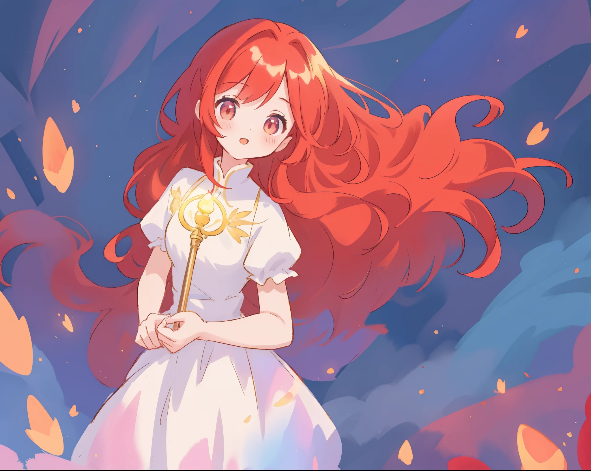 beautiful girl in puffy layered ballgown, puffy layered tutu skirt, long flowing red hair, colorful fantasia background, watercolor illustration, glowing aura around her, glowing flowing hair, fantasia otherworldly landscape, beautiful, masterpiece, best quality, sharp focus, intricate details, highly detailed, 8k resolution, high resolution, fine detail, golden ratio, perfect composition, perfection, intricate dress details