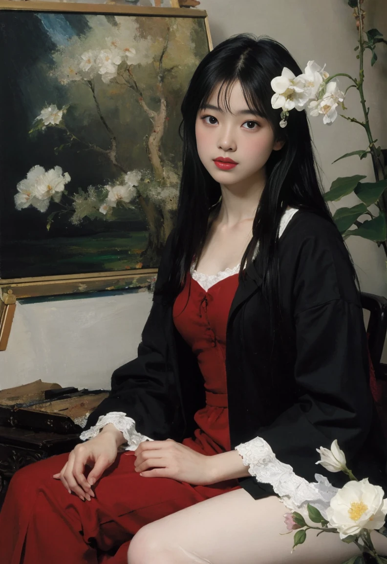 (Oil painting: 1.5),

\\

A woman with long black hair and white flowers in her hair sits in front of a Chinese landscape painting, red dress (Amy Saul: 0.248), (Stanley Ateg Liu: 0.106), (a detailed painting: 0.353), (Gothic art: 0.106)