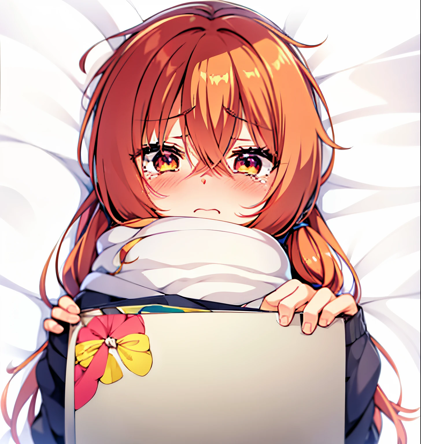 anime girl holding a sheet of paper with eyes open, anime visual of a cute girl, render of april, (anime girl), cunning expression, marin kitagawa fanart, sayori, anime moe artstyle, official illustration, shikishi, yayoi kasuma, official art, kyoani, sleepy expression, kawaii hq render, crying, tears on face