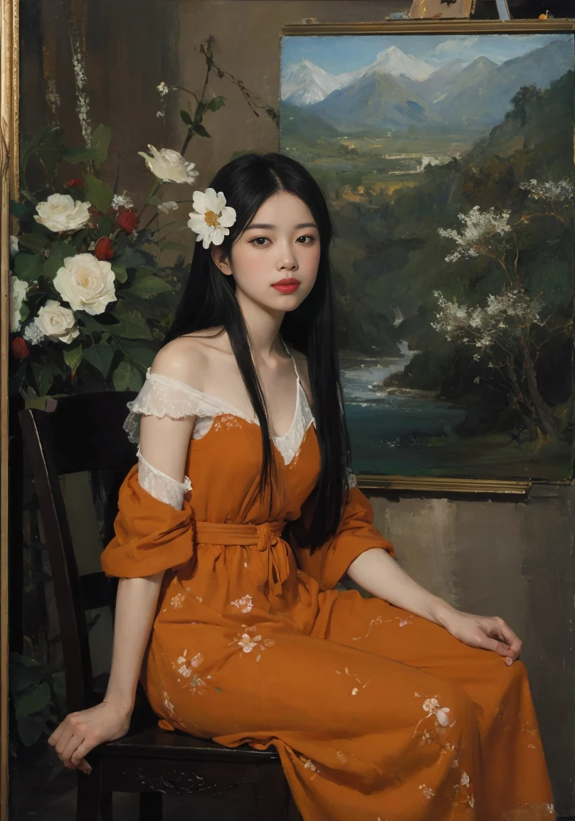 (Oil painting: 1.5),

\\

A woman with long black hair and white flowers in her hair sits in front of a Chinese landscape painting, orange dress (Amy Saul: 0.248), (Stanley Ateg Liu: 0.106), (a detailed painting: 0.353), (Gothic art: 0.106)