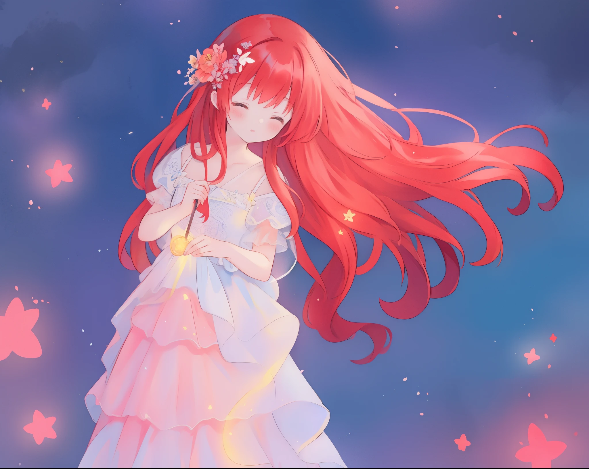 beautiful girl in puffy layered ballgown, puffy layered tutu skirt, long flowing red hair, colorful fantasia background, watercolor illustration, glowing aura around her, glowing flowing hair, fantasia otherworldly landscape, beautiful, masterpiece, best quality, sharp focus, intricate details, highly detailed, 8k resolution, high resolution, fine detail, golden ratio, perfect composition, perfection, intricate dress details