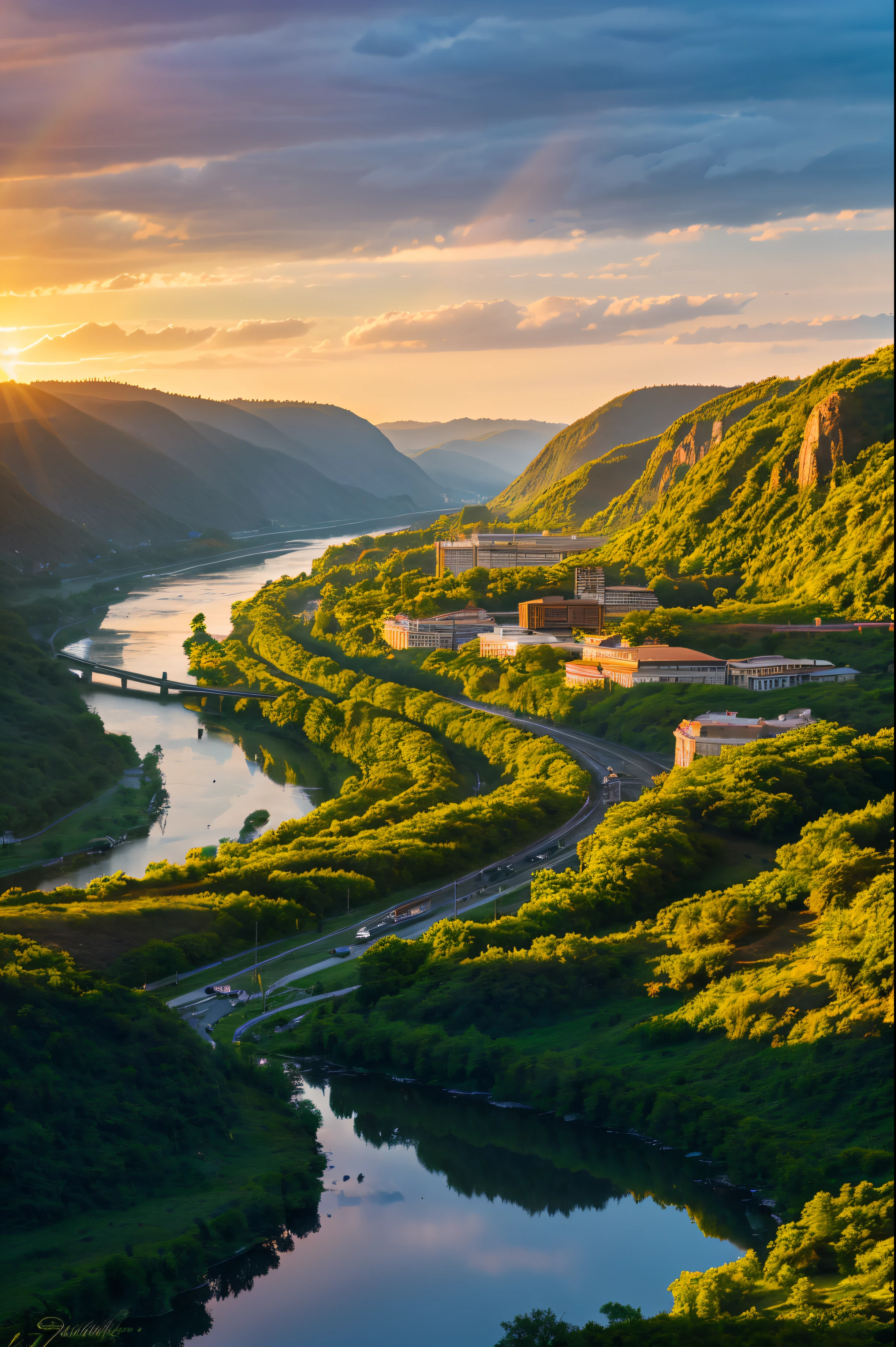 a view of a river flowing through a lush green valley, beautifully lit landscape, sunset in a valley, Gorgeous lighting of the river, stunning nature in background, sunrise light, Sunset light, Sunrise Lighting, incredible light, Beautiful sunrise lighting, stunning landscape, golden hour lighing, Golden light, by Mirko Rački, light reflections, magical sparkling lake, A majestic light towers over there　Spaceship type futuristic architecture　Rainbow-colored light reflecting off a huge silver rocket-shaped building