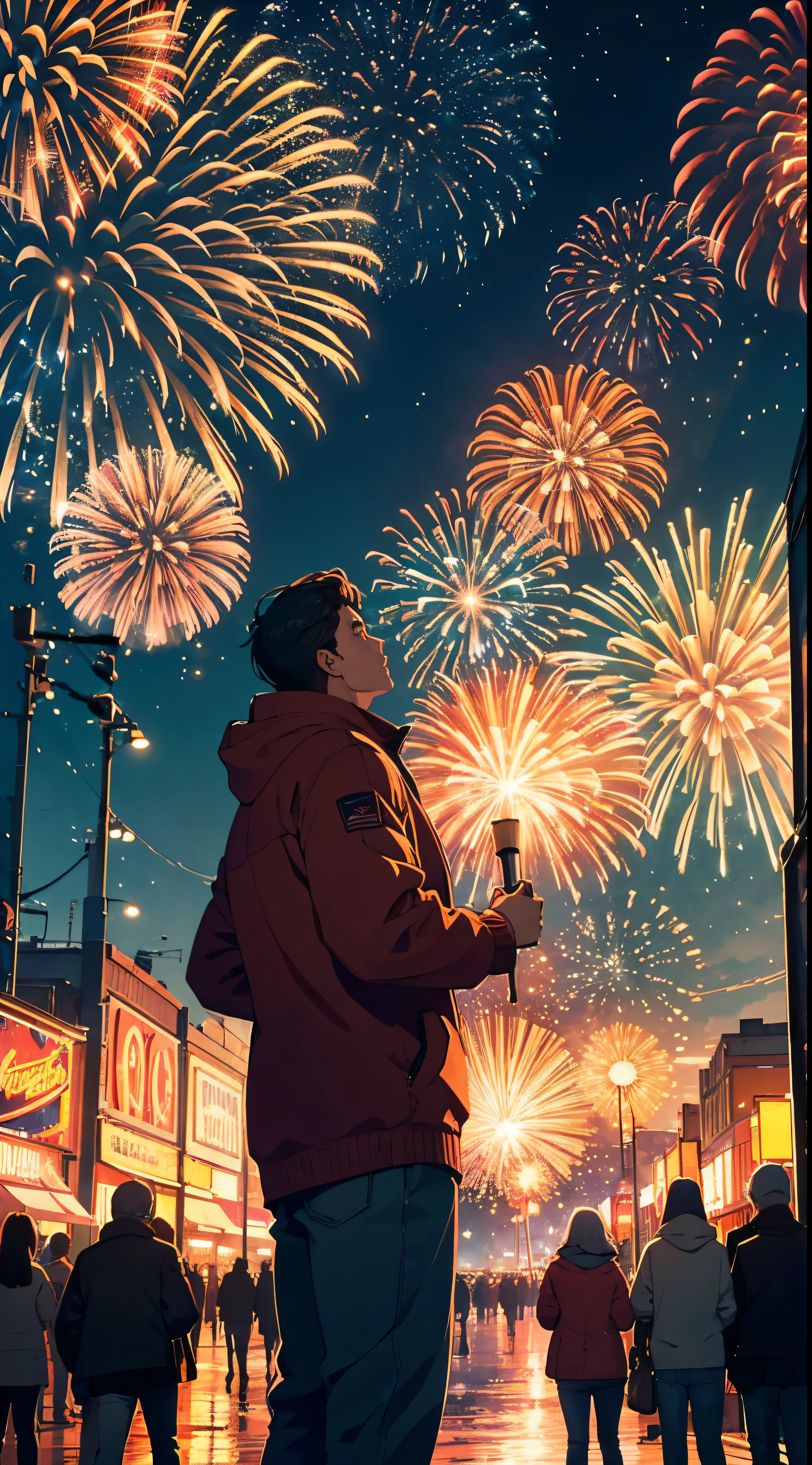 pectacular fireworks display. The fireworks are huge，Four generations together，Family warm，（Giant fireworks 1 with dazzling dazzling eyes.5）（Warm atmosphere1.3）（night sky full of stars1.2）Real Human，city scene, cinematic Film still from，Super realistic，Movie promotional poster，Super light and shadow，Super texture, Extreme light chasing