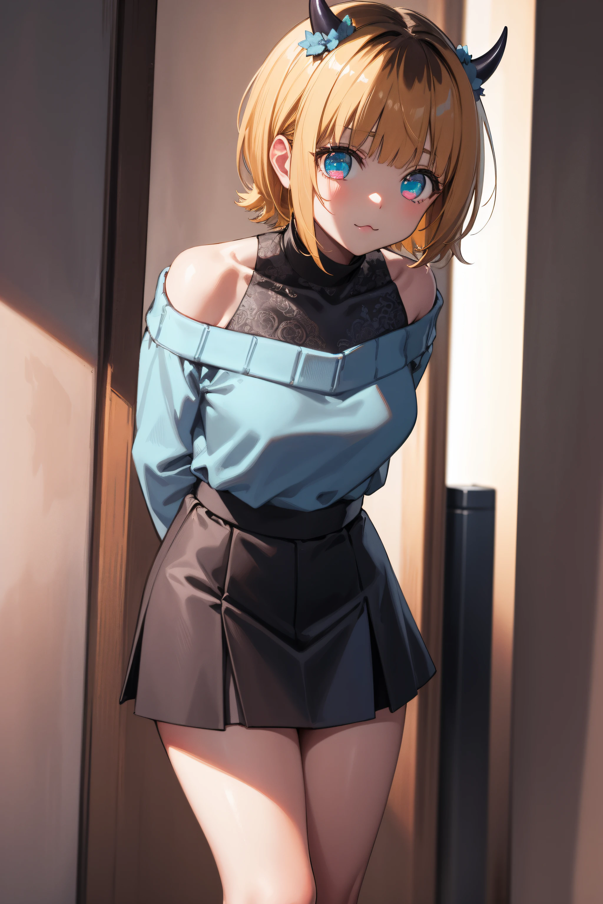 memcho, memcho, blonde hair, blue eyes, blunt bangs, demon horns, fake horns, horns, short hair,
BREAK bare shoulders, black skirt, (blue sweater:1.5), long sleeves, off shoulder, off-shoulder sweater, puffy sleeves, skirt, sweater, white ribbon,
BREAK looking at viewer,standing, leaning forward, (arms behind back:1.2),
BREAK indoors,
BREAK (masterpiece:1.2), best quality, high resolution, unity 8k wallpaper, (illustration:0.8), (beautiful detailed eyes:1.6), extremely detailed face, perfect lighting, extremely detailed CG, (perfect hands, perfect anatomy),