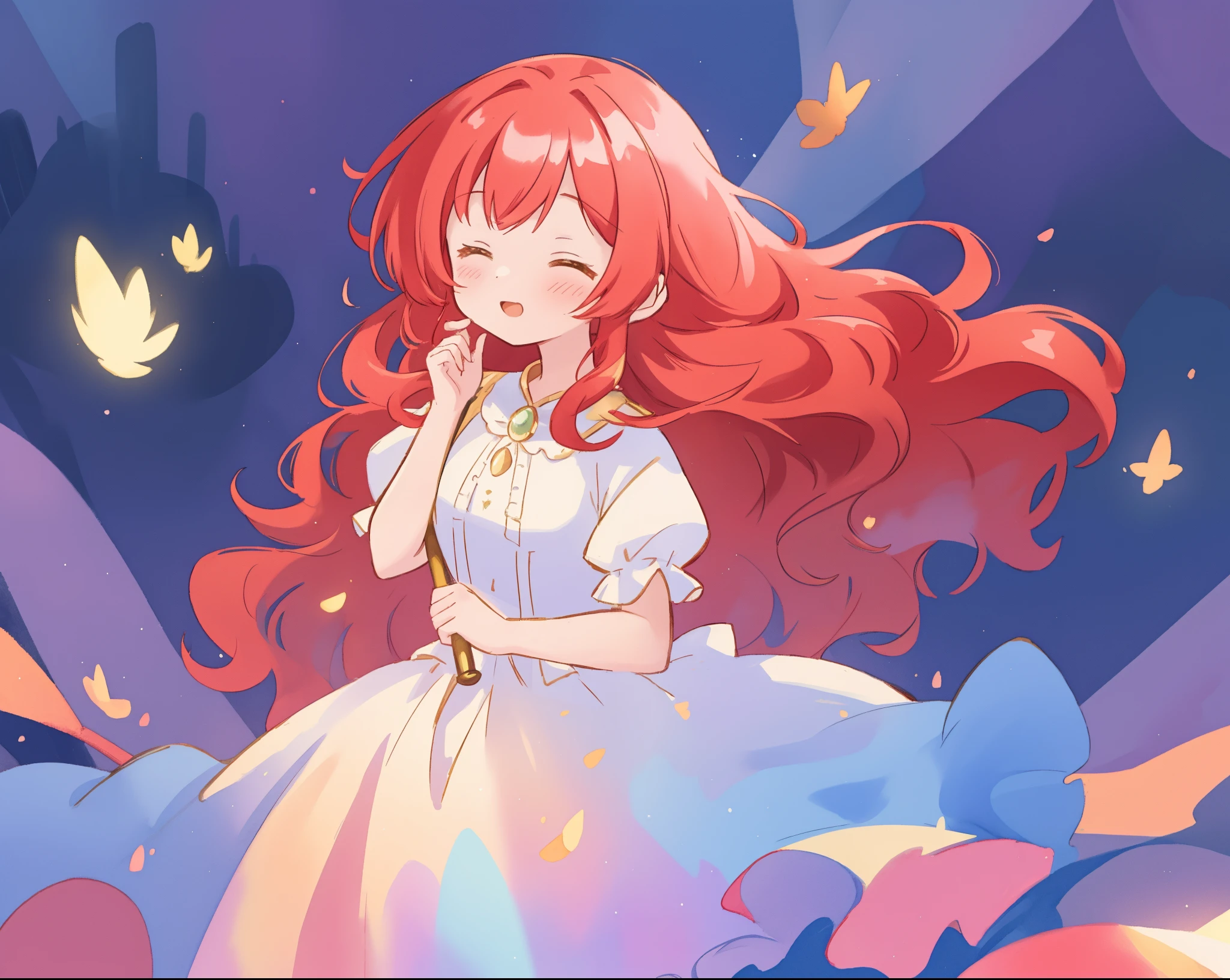 beautiful girl in puffy layered ballgown, puffy layered tutu dress, long flowing red hair, colorful fantasia background, watercolor illustration, glowing aura around her, glowing flowing hair, fantasia otherworldly landscape, beautiful, masterpiece, best quality, sharp focus, intricate details, highly detailed, 8k resolution, high resolution, fine detail, golden ratio, perfect composition, perfection, intricate dress details, (magical), (whimsical), (fantasy)