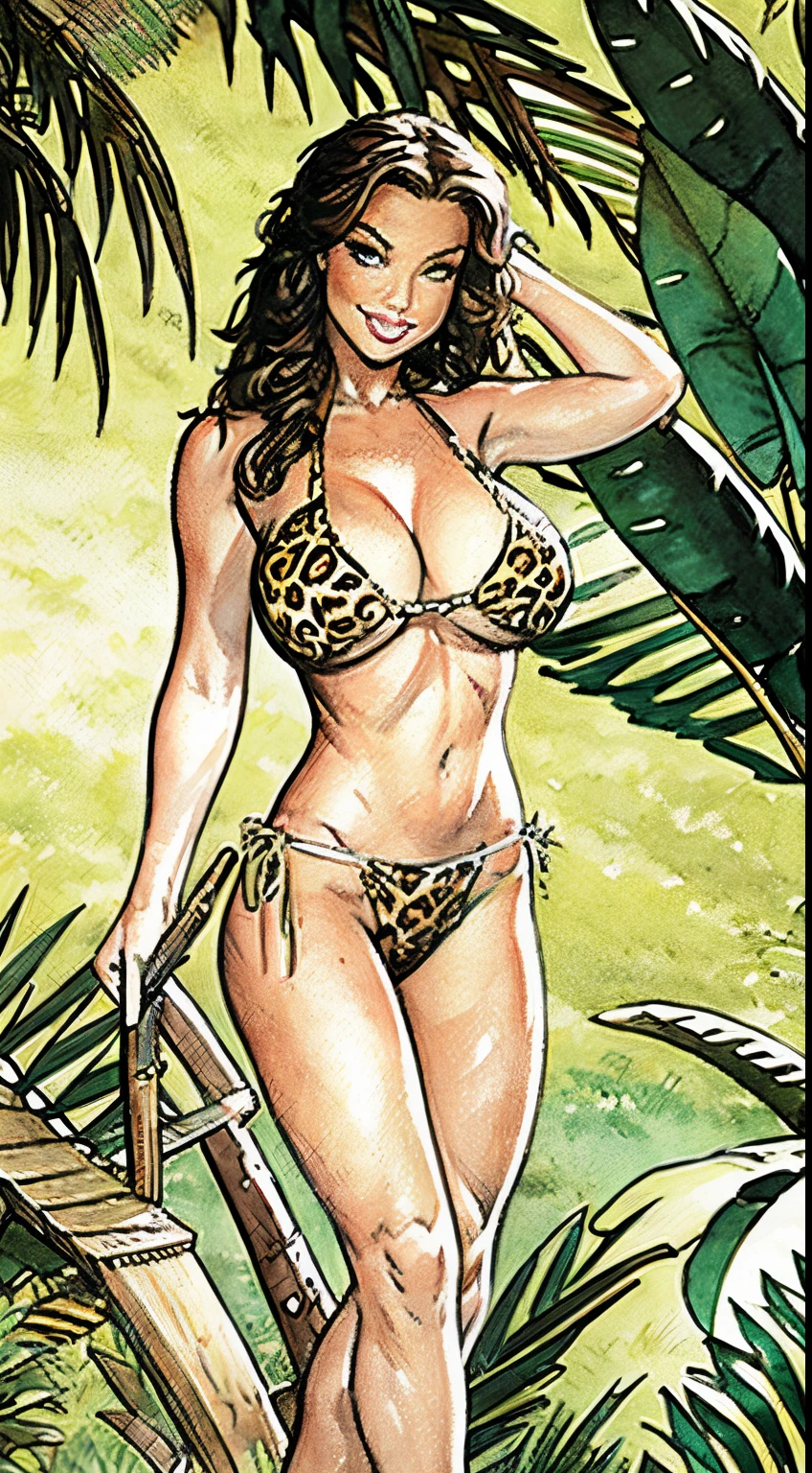 cavewoman, green eyes, large breasts, bikini with leopard print, dynamic position, prehistoric jungle background, shy and innocent grin in her face, looking at viewer, open angle, pencil art, watercolor