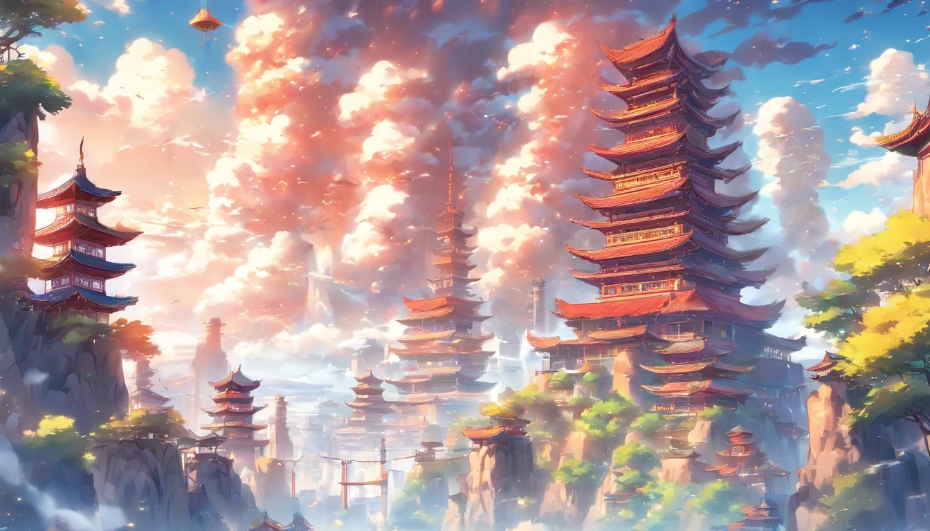 Chinese architecture, The landscape, Round lights, pylons, exteriors, Skysky, ​​clouds, The bird, buliding, The tree, skyscraper background, mont, Handheld, crowd of, tmasterpiece, high high quality