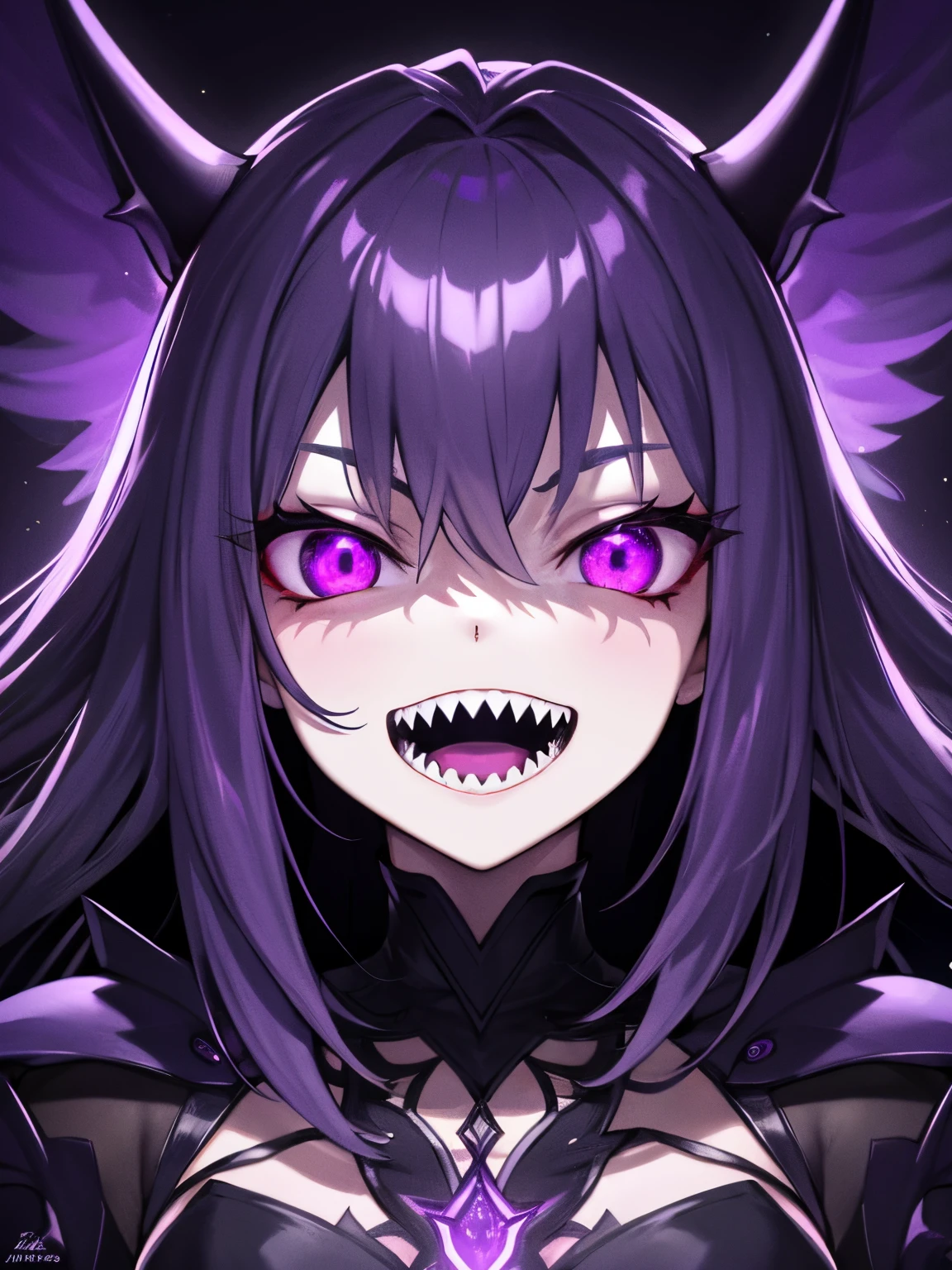 1girl , night hunter, glowing violet eyes, night, sharp teeth, open mouth, mischivous smile, scary, close up hard lighting, best quality, intricate, highly detailed, masterpiece,