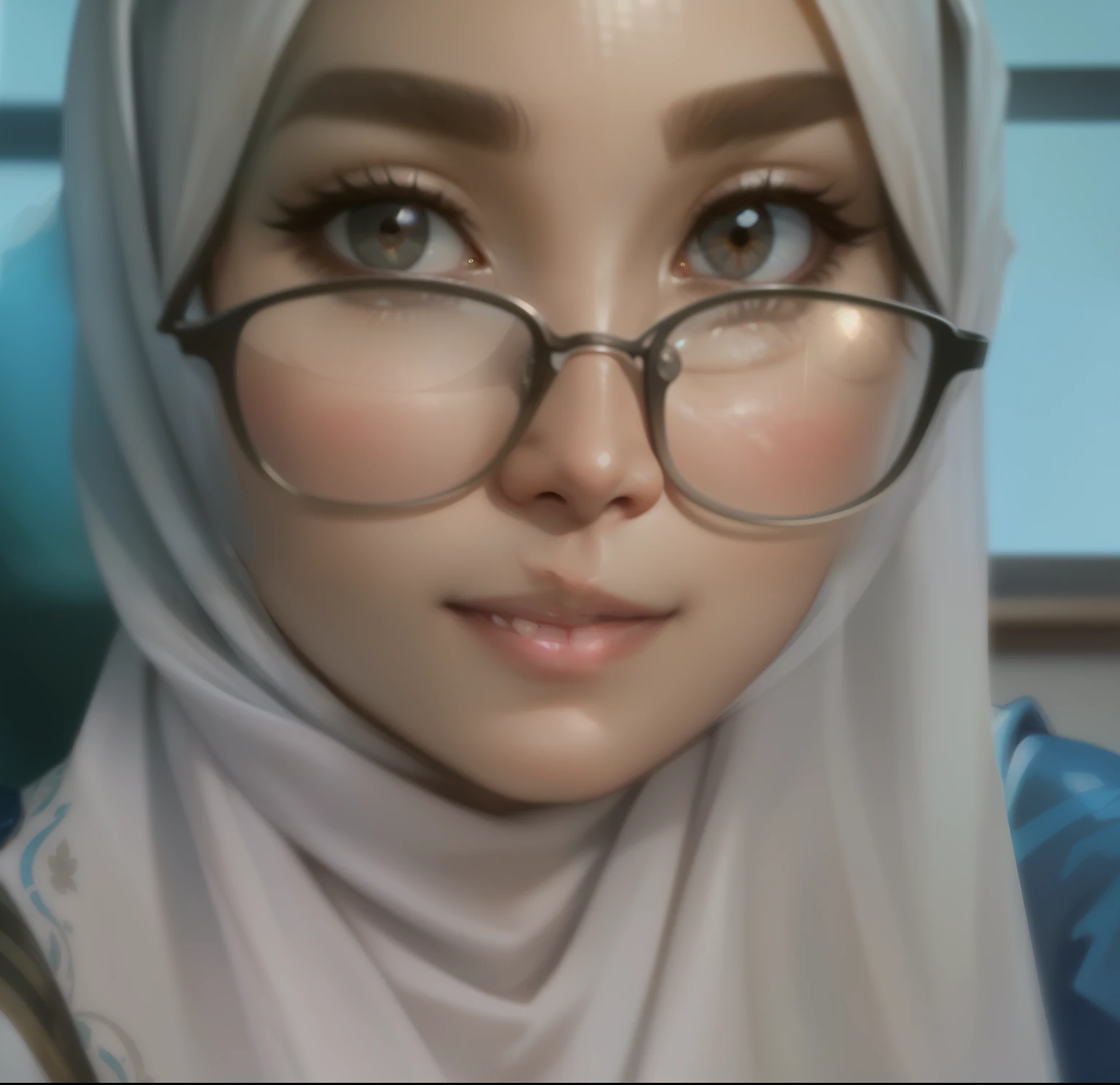 (masterpiece, best quality, ultra high res, beautiful detailed hair detailed face, perfect feminine face), smiling, happy, costume, (full-body potrait:1.2), face focus, a beautiful and cute hijab girl, eyewear, silver ponytail hair, (hijab), solo, 1girl, ahoge, side hair, shiny skin, shiny foreheads), lens flare, sharp focus, volumetric lighting, trending on artstation, pixiv, by sakimichan, george kamitani, akira yasuda, alphonse mucha, greg rutkowski, gil elvgren, william-adolphe bouguereau