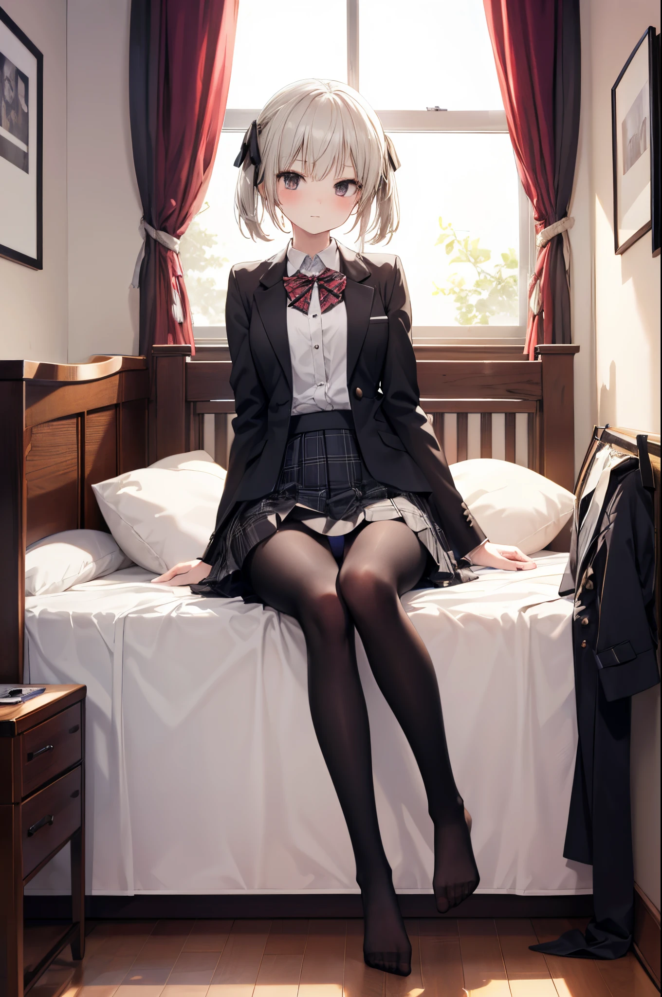 Sora Kasugano, An 18-year-old Japanese girl with a mature and slender figure, slightly disheveled hair, full body portrait from head to toe, red face, shy expression, composition from the front, composition from slightly below, front view Sitting face to face, legs spread in an M-shape, black pantyhose, (black pantyhose): 1.2), white panties visible, small breasts, white panties visible, no shoes, Bedroom, inside the room, daytime, looking at the viewer, panties, frontal composition, looking at the viewer, slender legs, slender thighs, slim toes touching the floor, soles of the toes A short pleated skirt with a plaid pattern, posing with her hands hidden behind her back, blazer high school uniform, high school girl