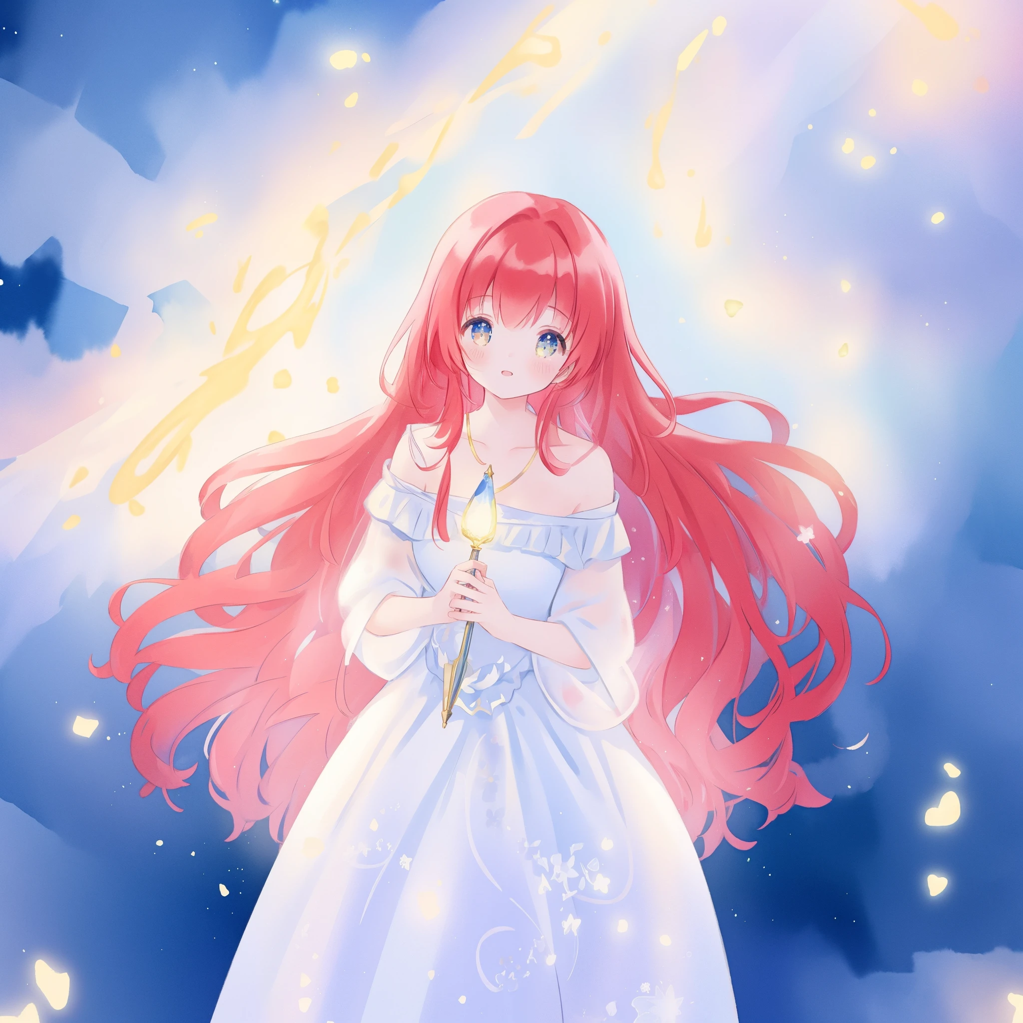 beautiful girl in puffy sparkling layered ballgown, long sparkling red hair, colorful fantasia background, watercolor illustration, glowing aura around her, glowing flowing hair, fantasia otherworldly landscape, beautiful, masterpiece, best quality, sharp focus, intricate details, highly detailed, 8k resolution, high resolution, fine detail, golden ratio, perfect composition, perfection, intricate dress details